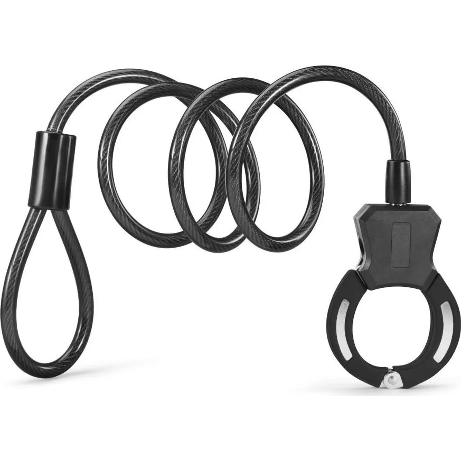 A black cable lock with a coiled cable and a shackle-style lock mechanism.