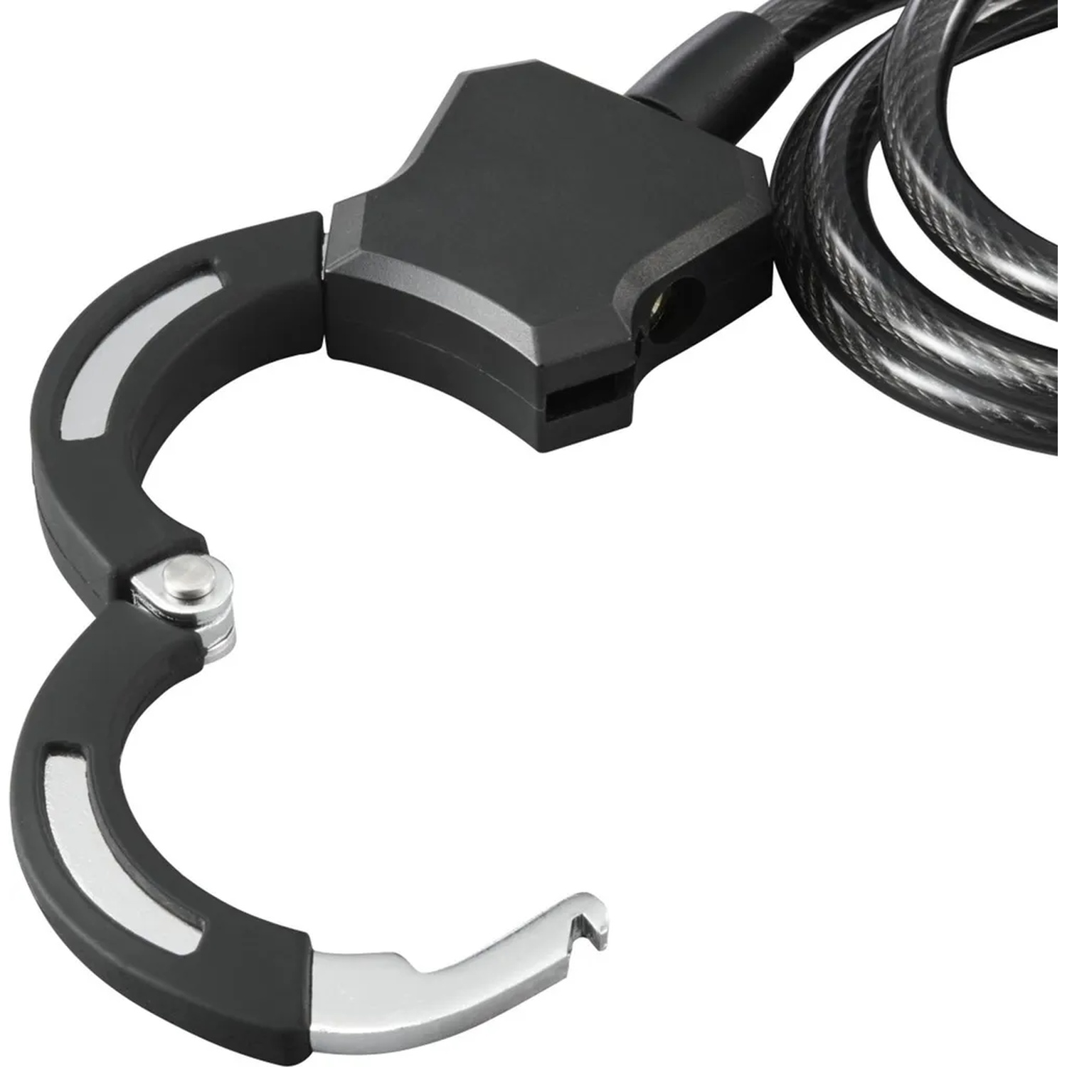 Black cable lock with open shackle and silver accents.