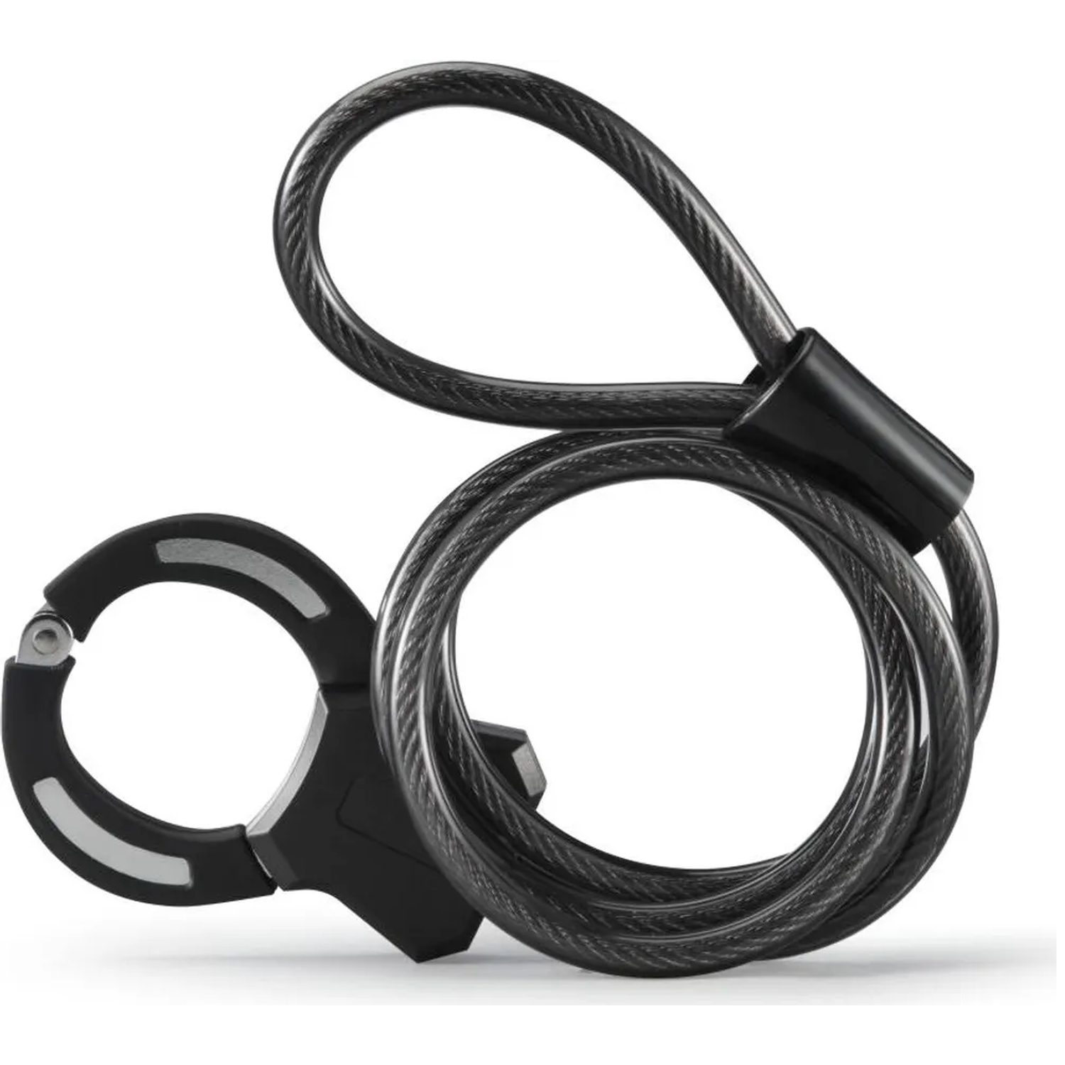A black bicycle lock with a cable and a mount.