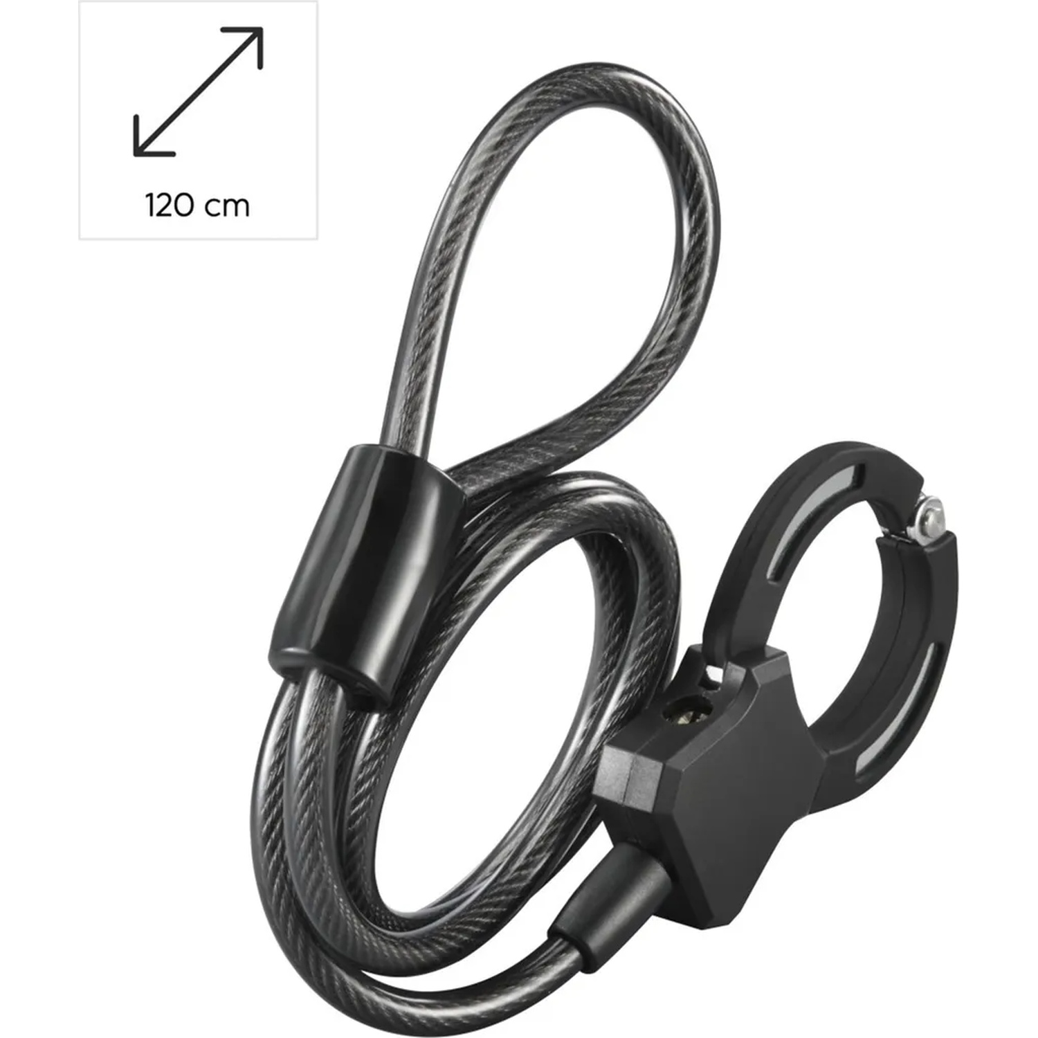 A black bicycle lock with a 120cm cable and a shackle lock mechanism.
