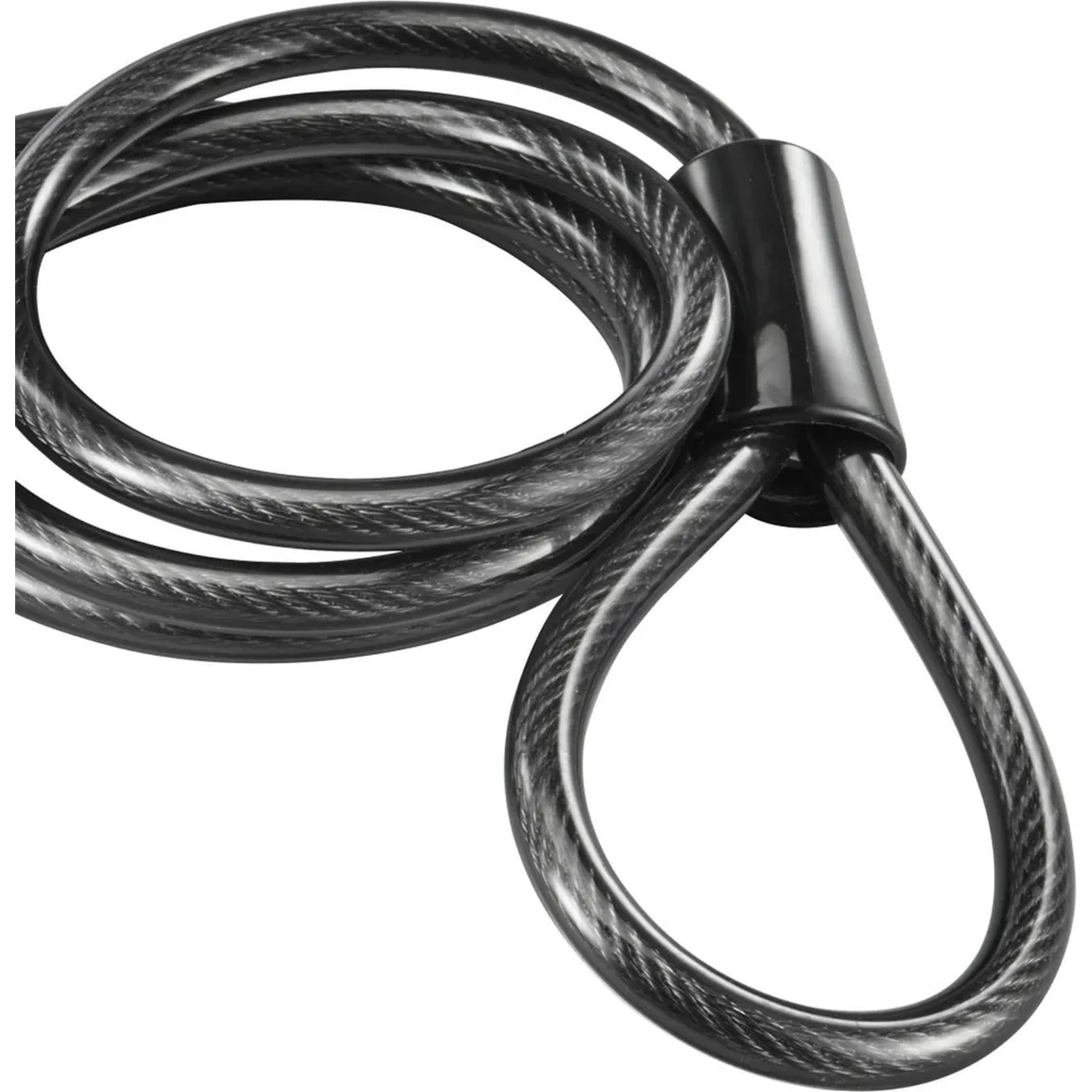 A dark, coiled cable lock with a black grip.