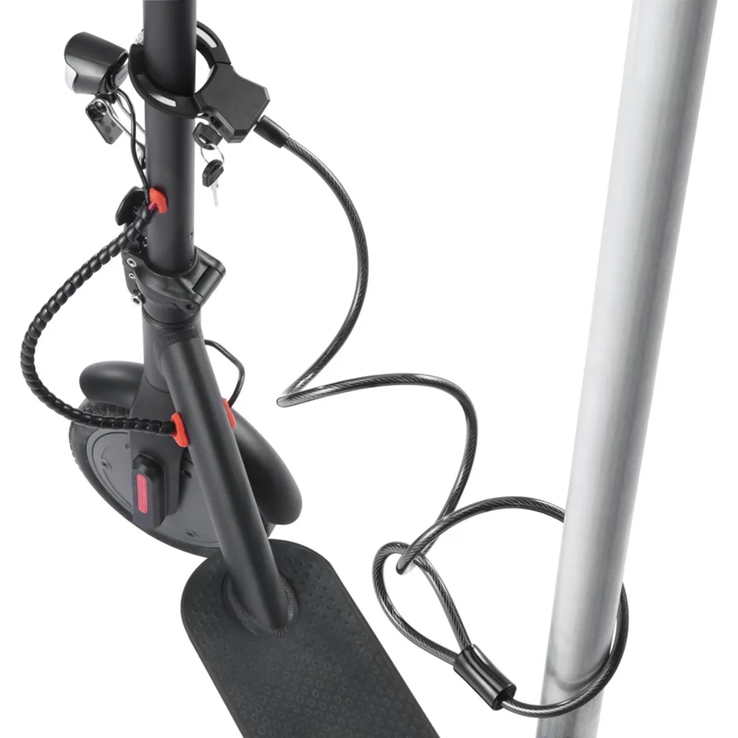 Black scooter locked to a pole with a cable lock. Focus on handlebars and front wheel.