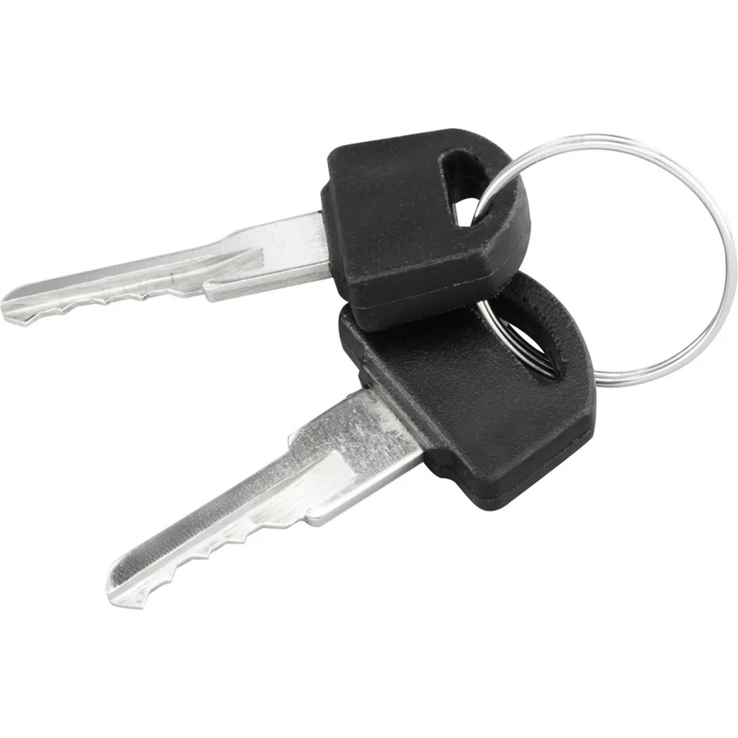 Two silver keys with black handles on a keyring, white background.