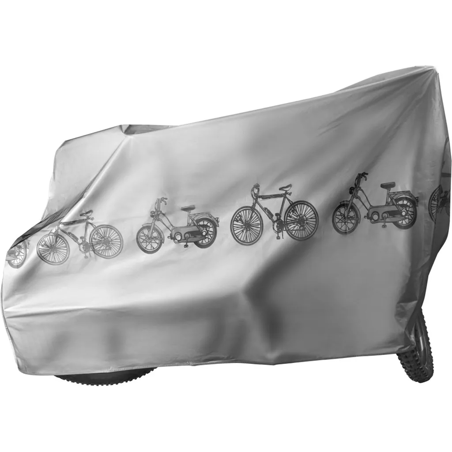 A grey bike cover with black line drawings of various bicycles is draped over an unseen object.