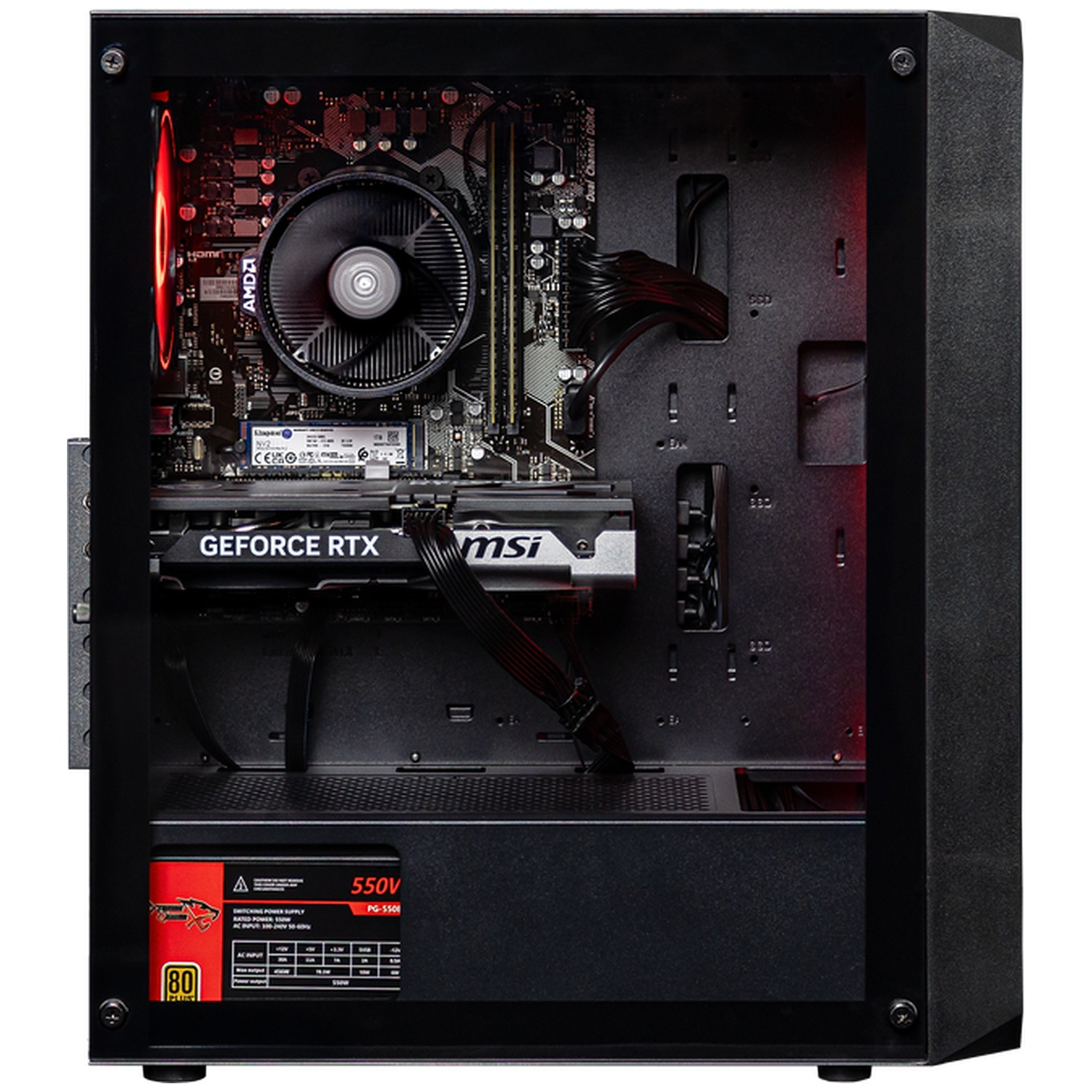 Un boîtier de PC ouvert montrant des composants internes et un éclairage rouge. Carte graphique incluse.
