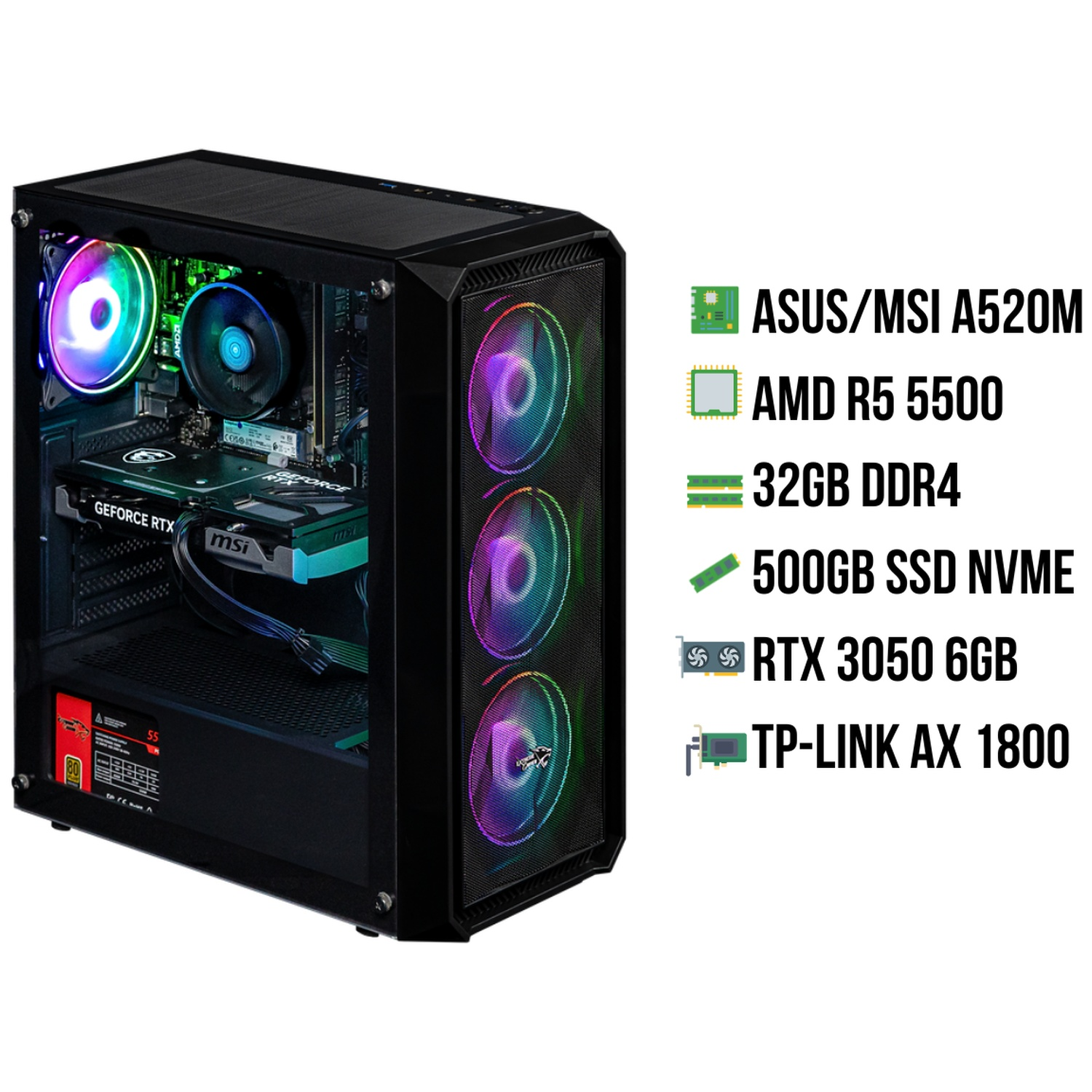 Un PC gamer noir avec ventilateurs RVB et spécifications.