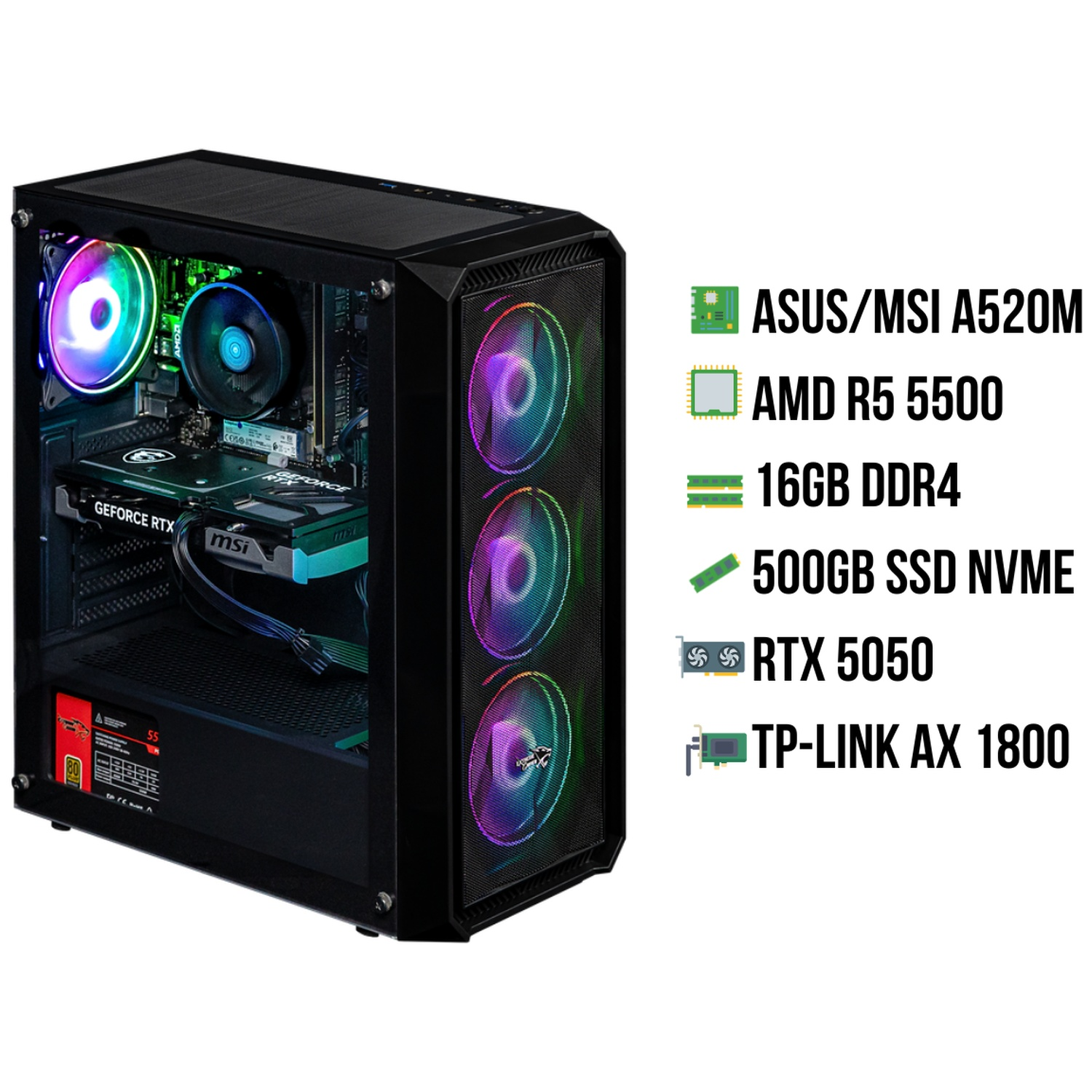 Un PC gamer avec lumières RVB, doté d'une carte graphique RTX 5050, processeur AMD R5 5500.