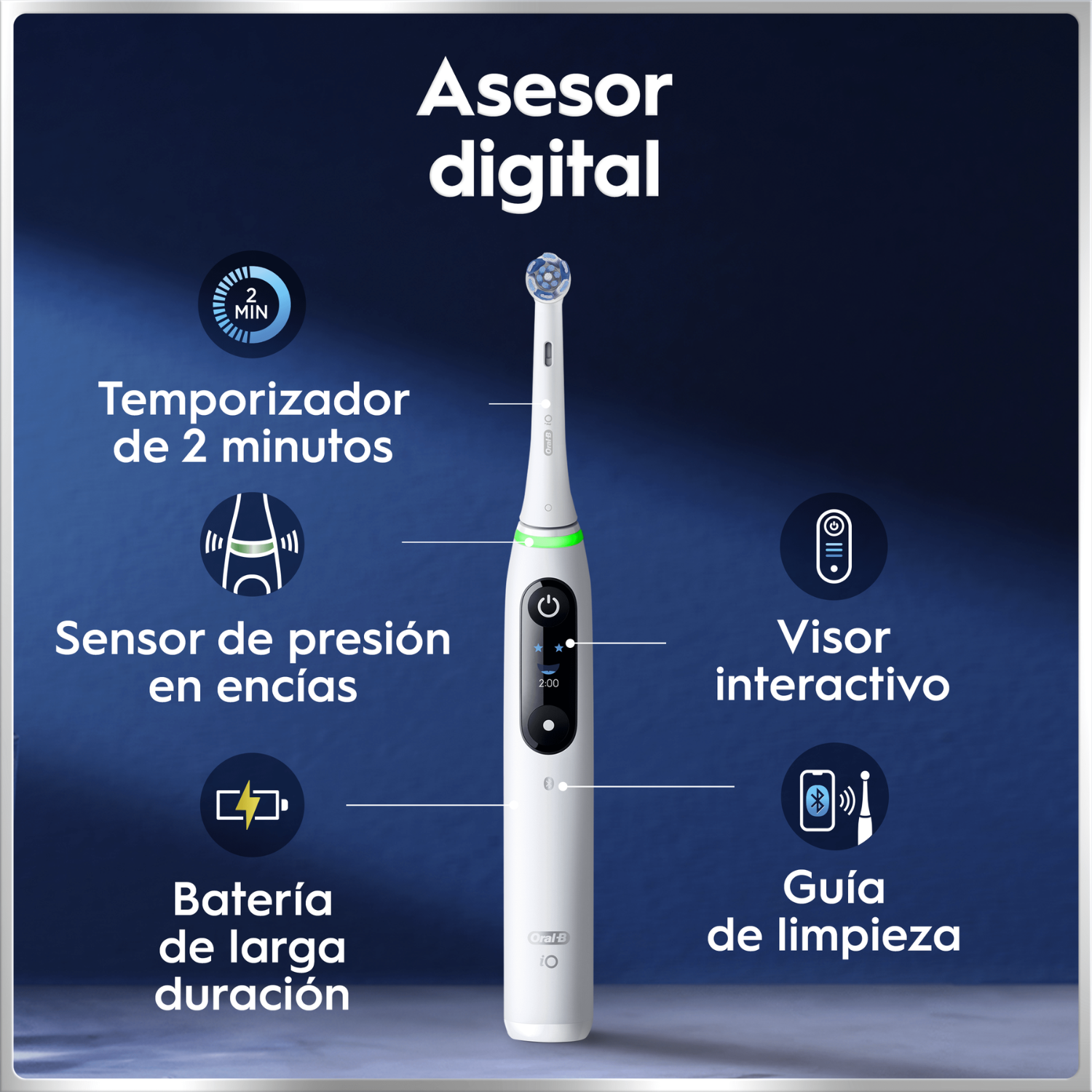 Asesor digital. Temporizador de 2 minutos. Sensor de presión de las encías.  Batería de larga duración. Visor interactivo. Guía de limpieza