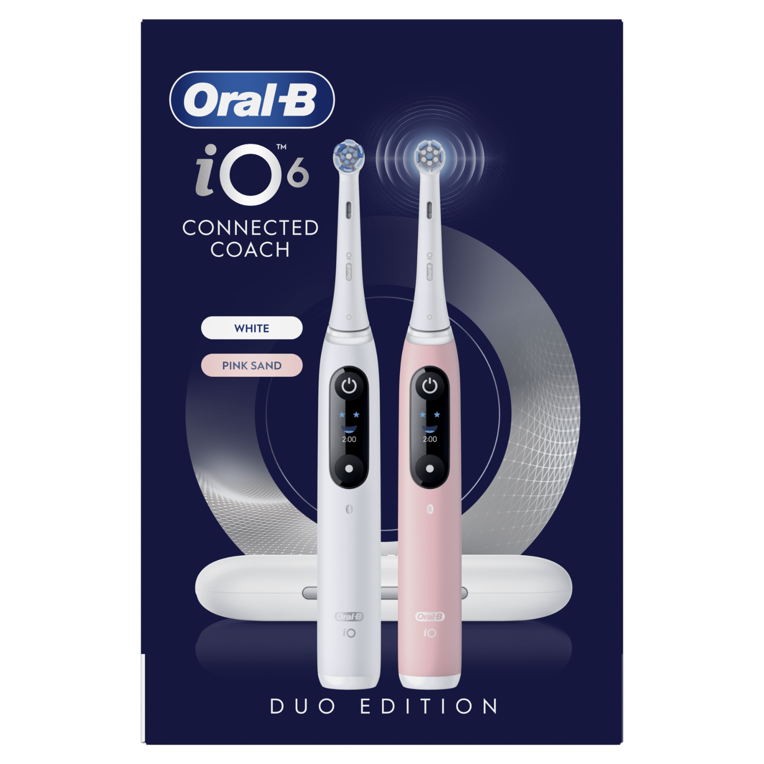 Cepillos de dientes Oral-B iO 6 blanco y rosa en pack dúo con estuche.