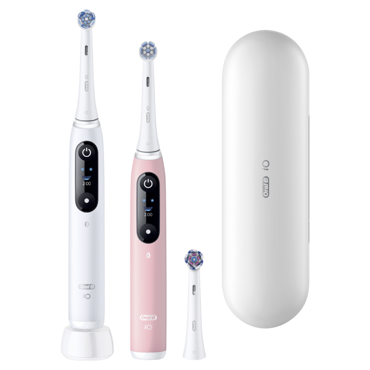 Dos cepillos de dientes Oral-B iO, blanco y rosa, con cargador, estuche y cabezal.