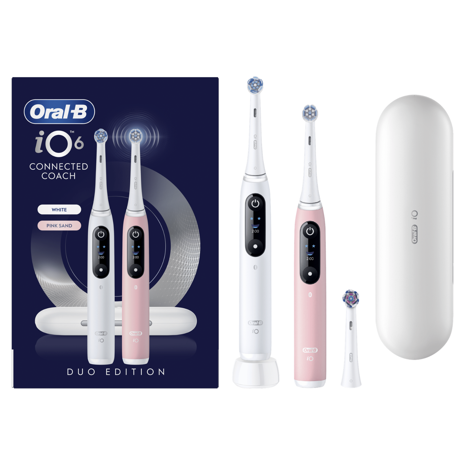 Dos cepillos de dientes eléctricos Oral-B iO, blanco y rosa, con base de carga y estuche.