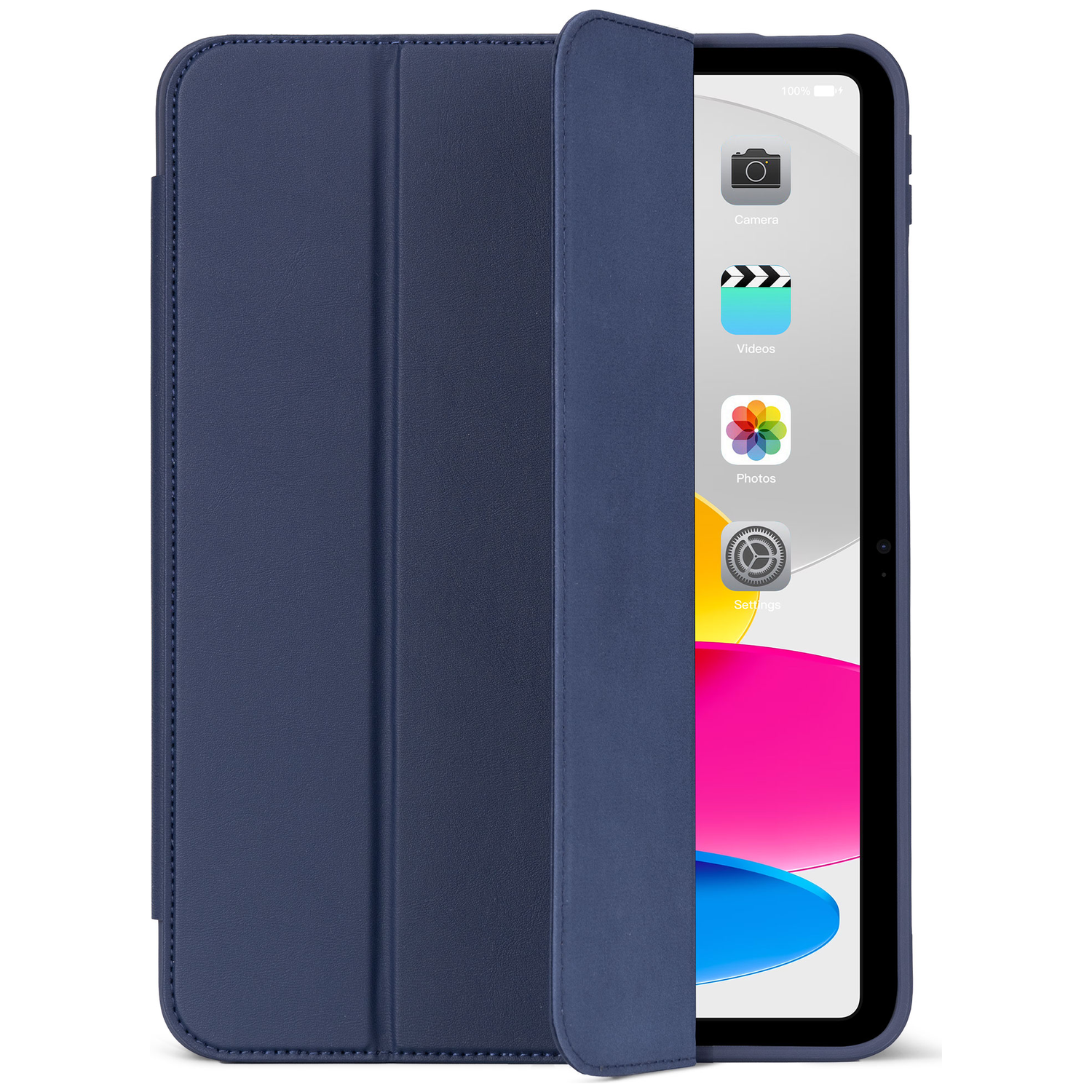 Donkerblauwe tablet in open hoes, met startscherm.