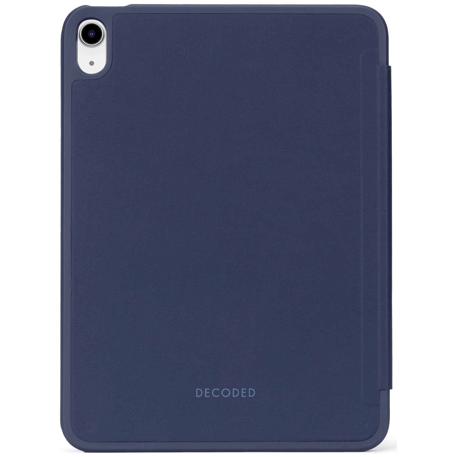Donkerblauwe tablethoes met camera-uitsparing en logo.