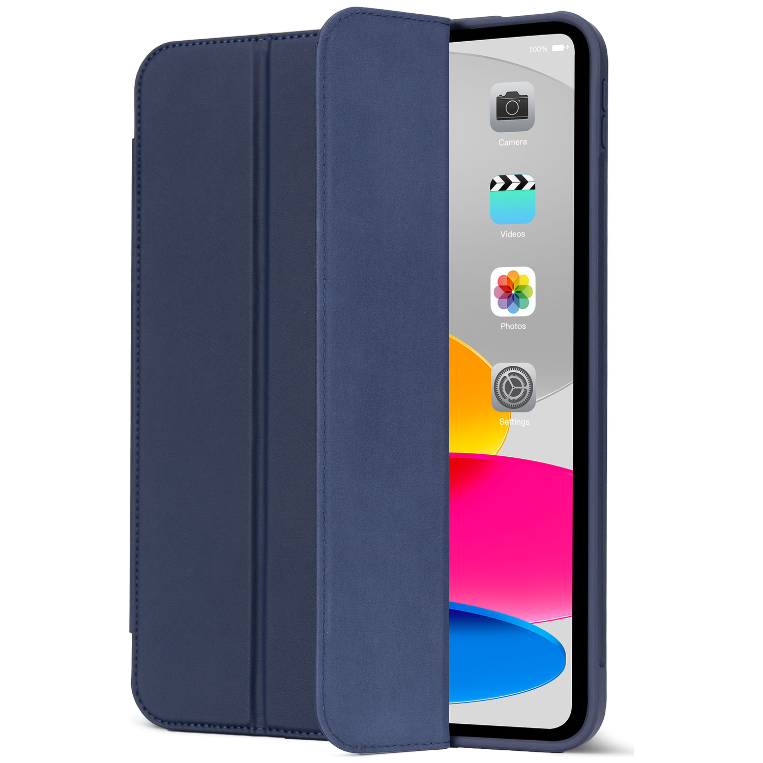 Donkerblauwe hoes met open klep, met een tablet met app-pictogrammen erop.