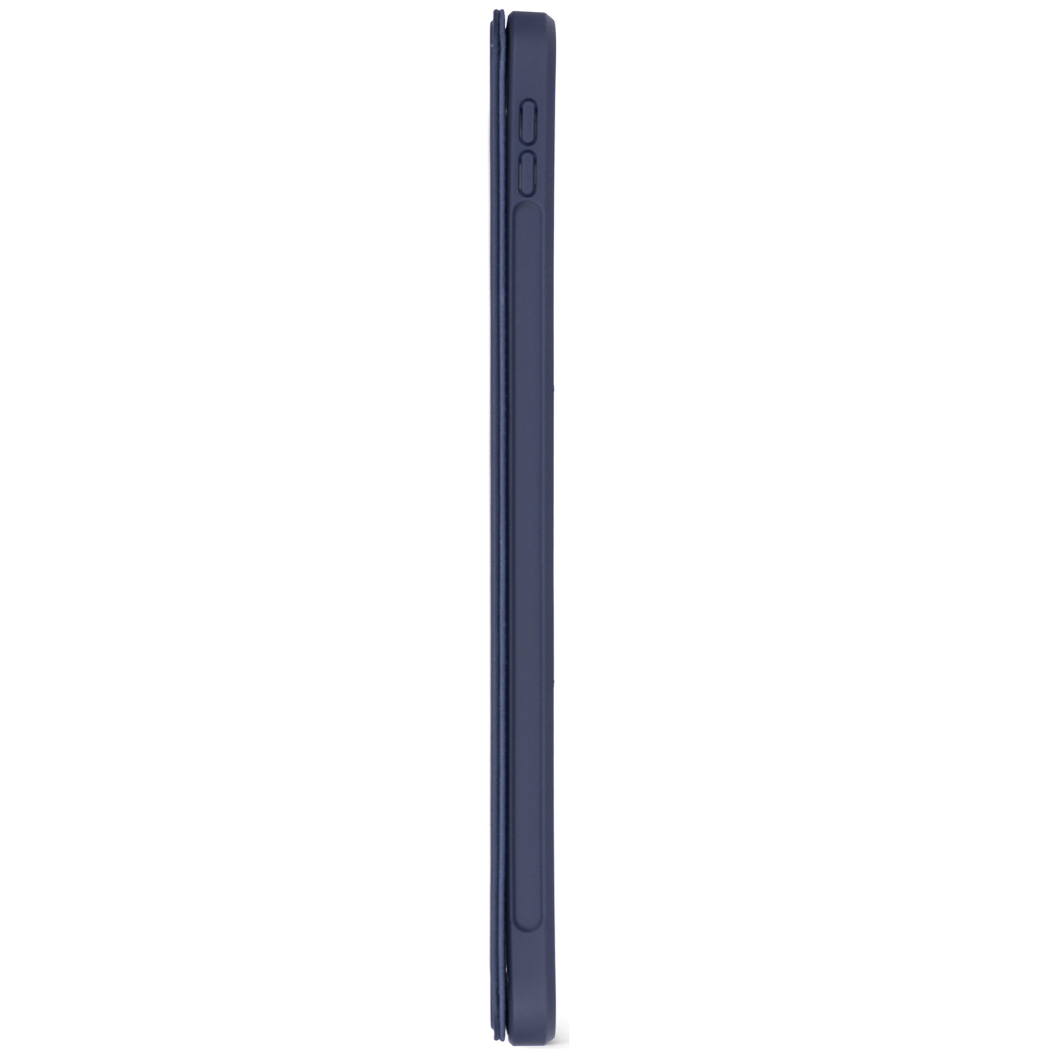 Donkerblauw tablet hoesje in profiel met knoppen aan de zijkant.