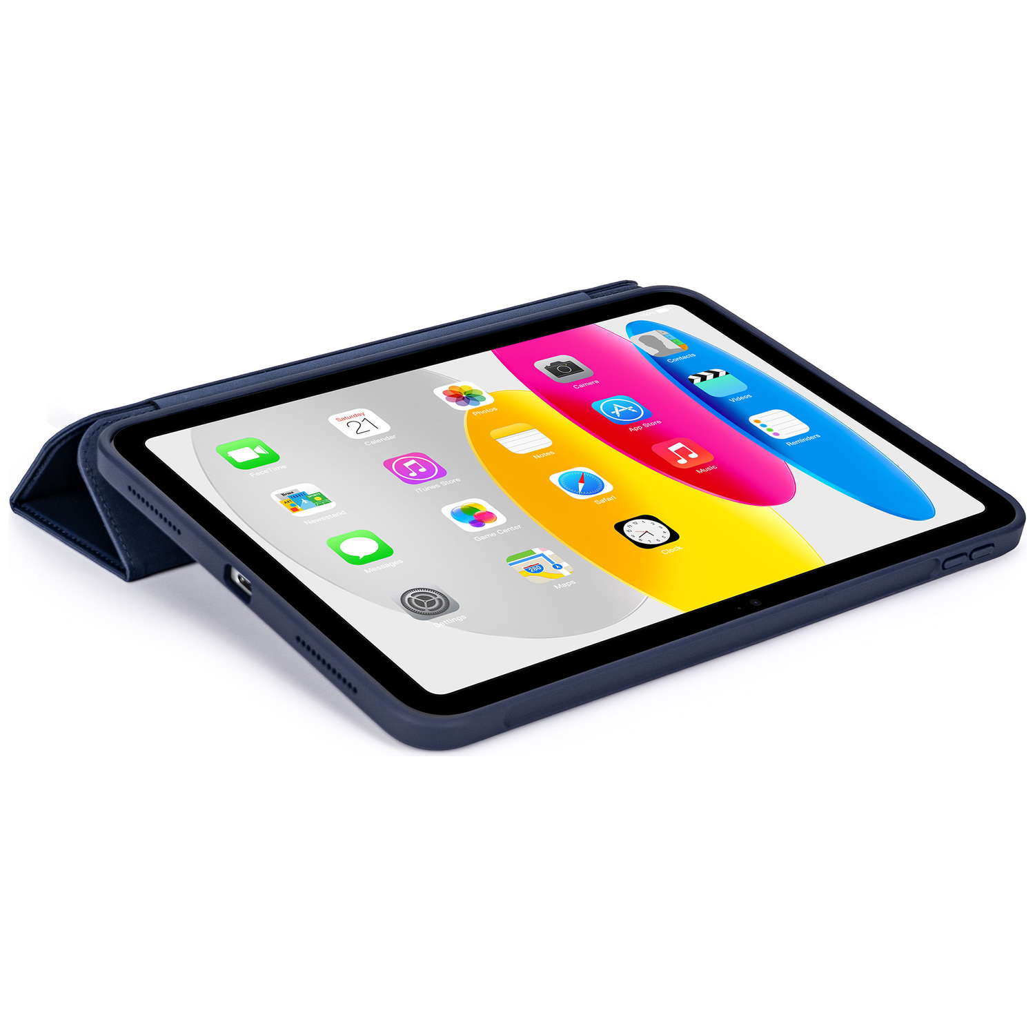 Een donkerblauwe tablet met open hoes, apps op het scherm.