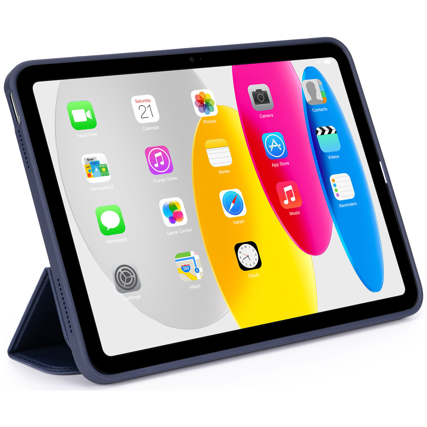 Een blauwe tablet met apps, met de standaard open.