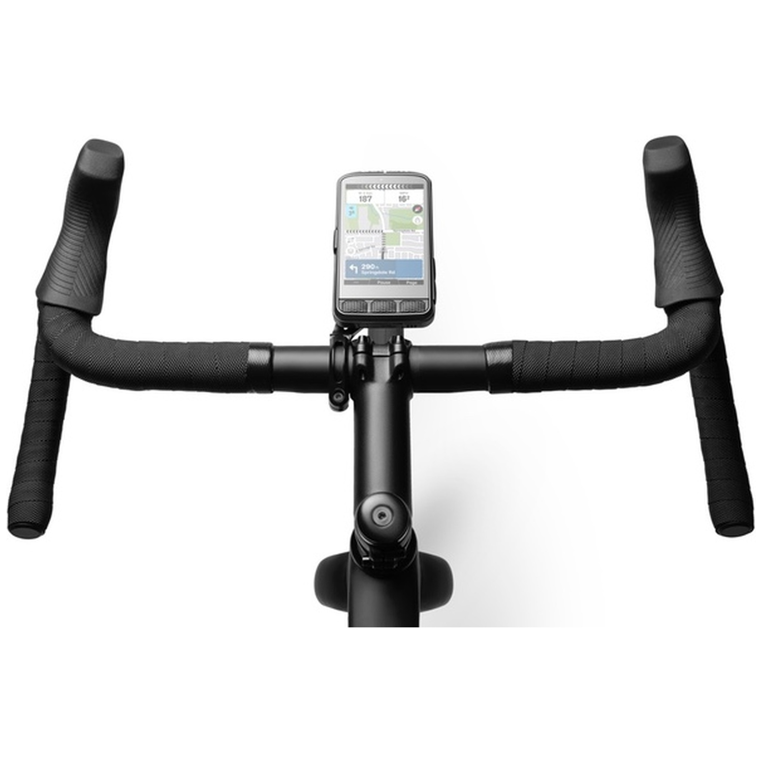 A bicycle handlebar with a mounted GPS device displaying a map.