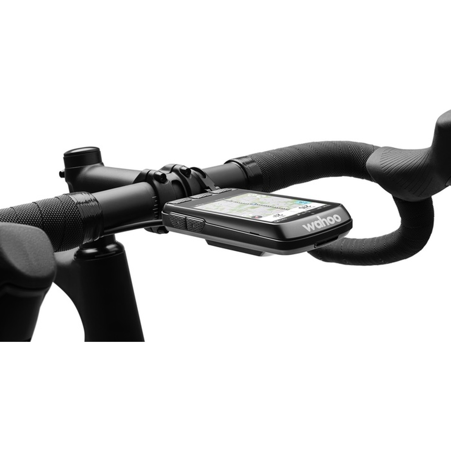 A Wahoo-branded bike computer is mounted on a black bicycle handlebar.