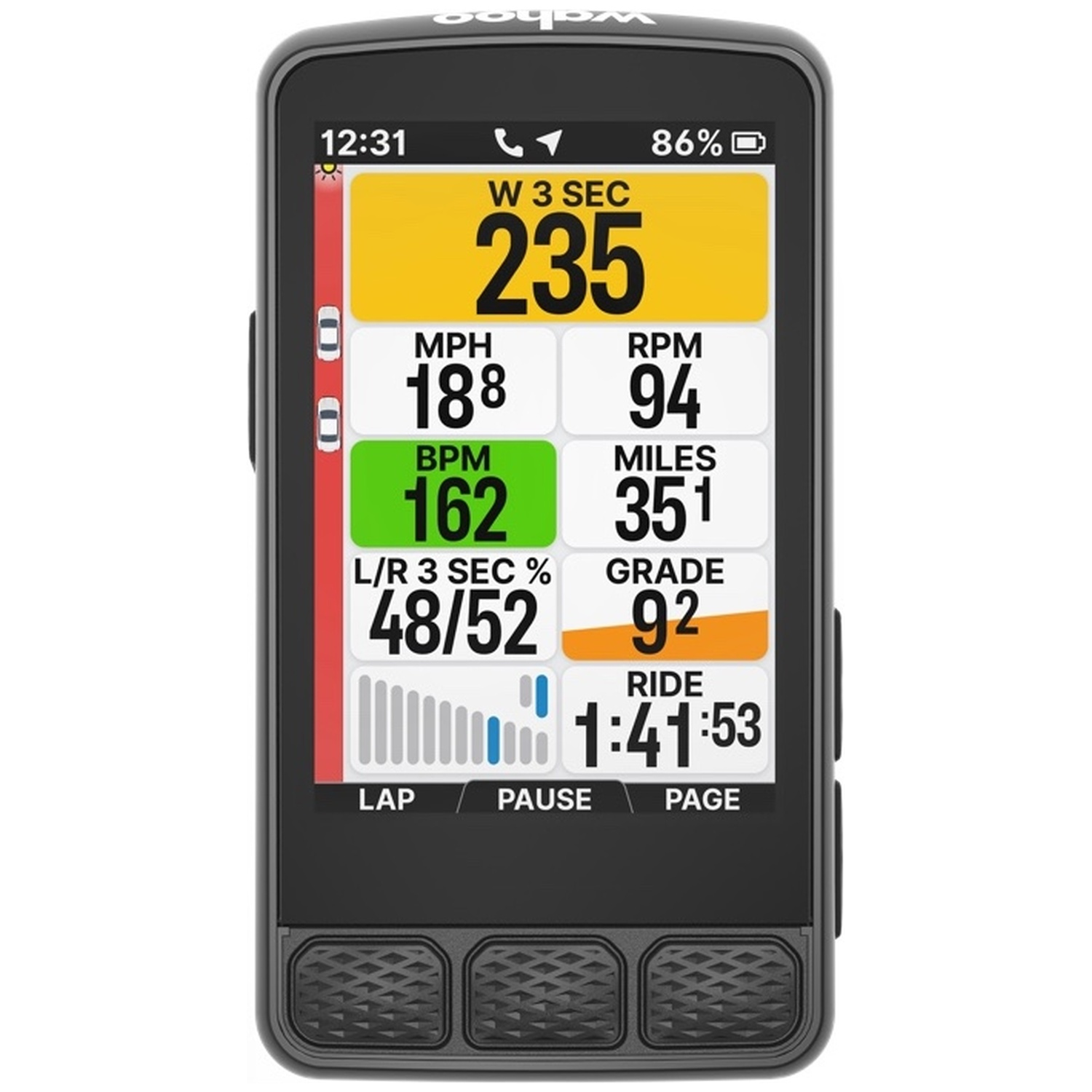 Cyclocompteur affichant la puissance, la fréquence cardiaque, la vitesse, la distance.