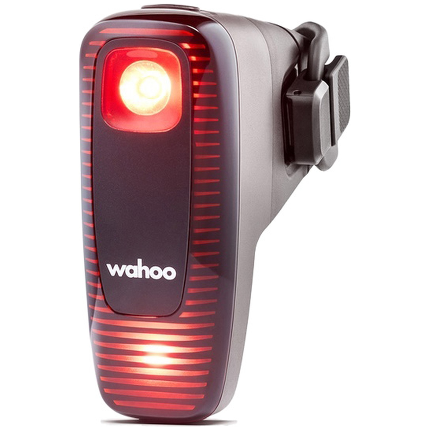Un feu arrière de vélo Wahoo avec lumière rouge et support.