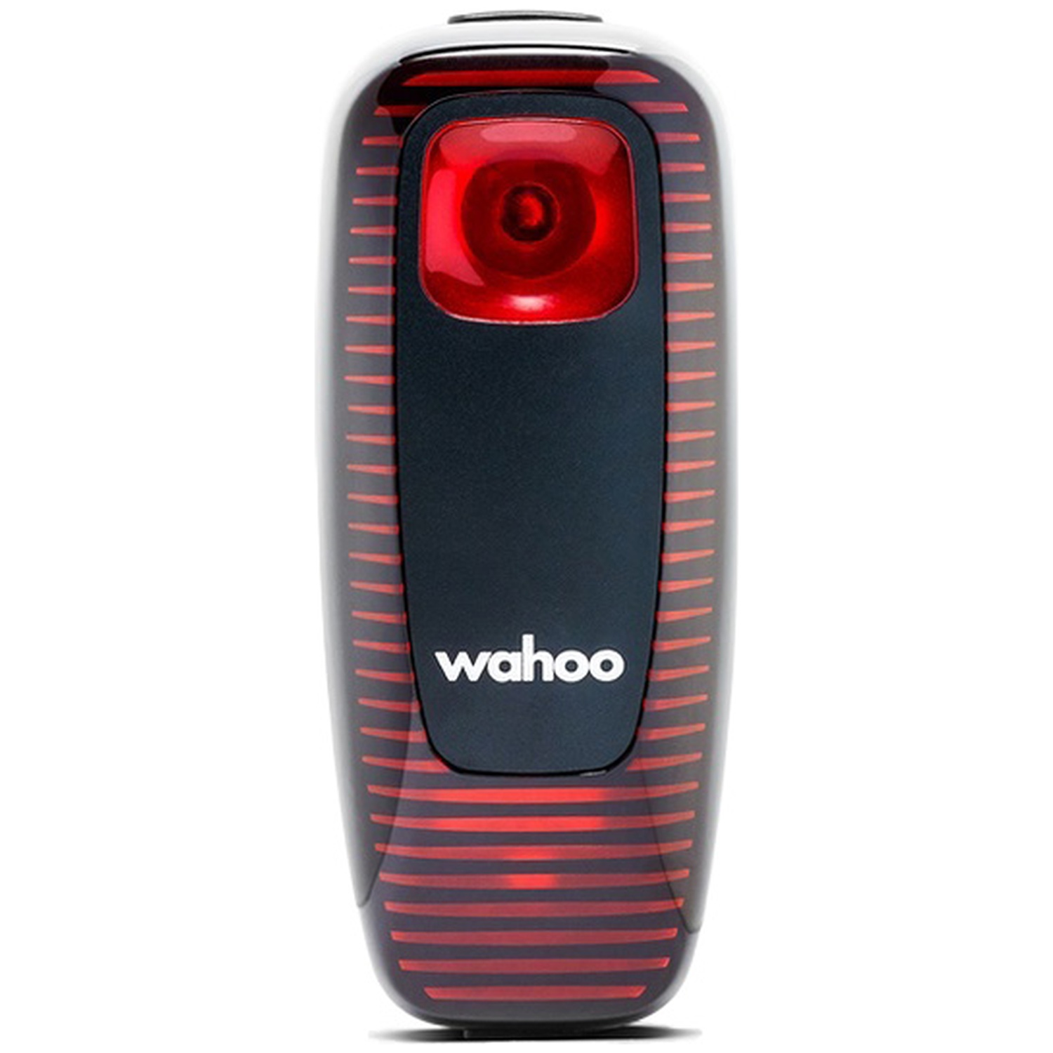Un feu arrière de vélo Wahoo noir avec des rayures rouges et une lumière rouge.