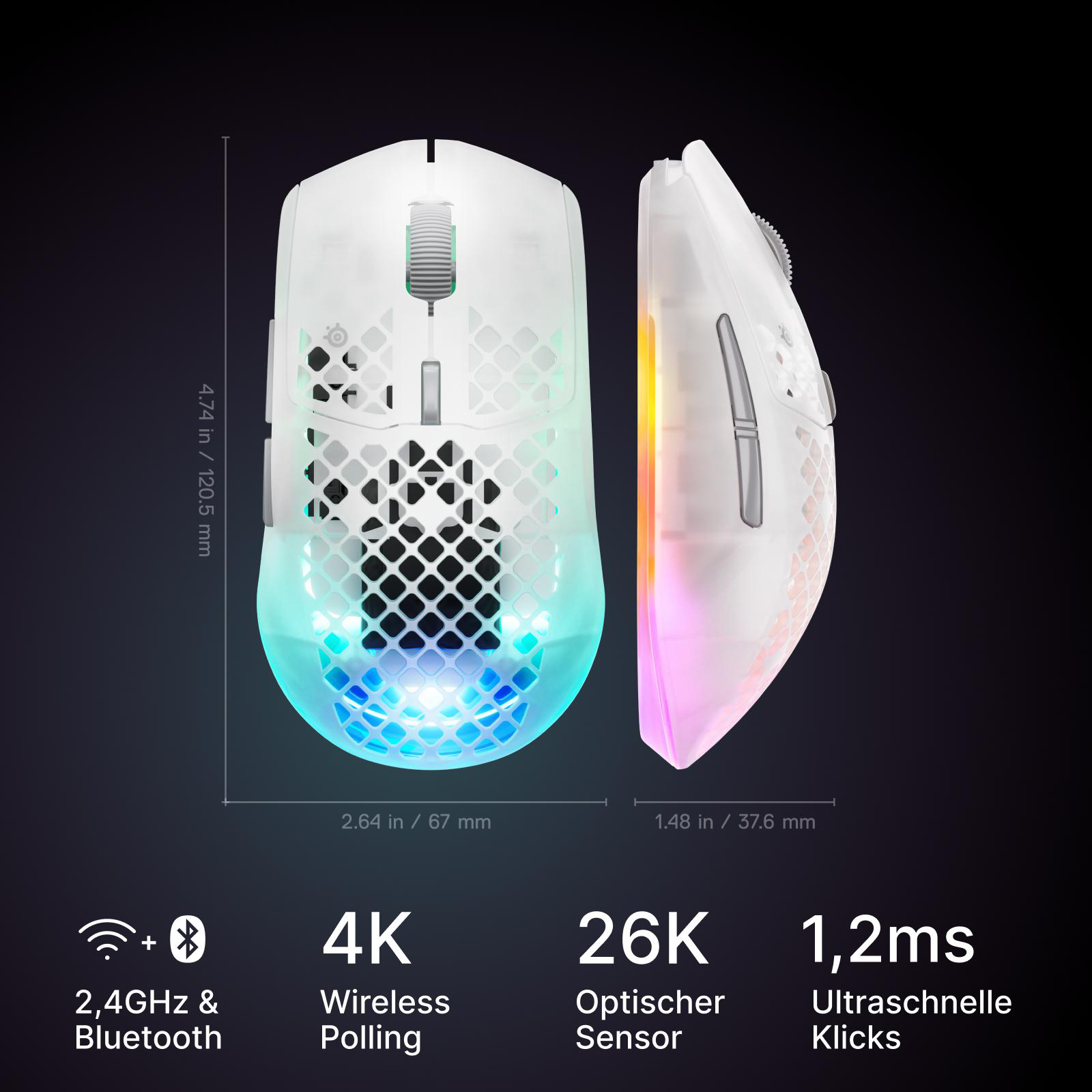Weiße Gaming-Maus mit RGB-Beleuchtung und technischen Spezifikationen.