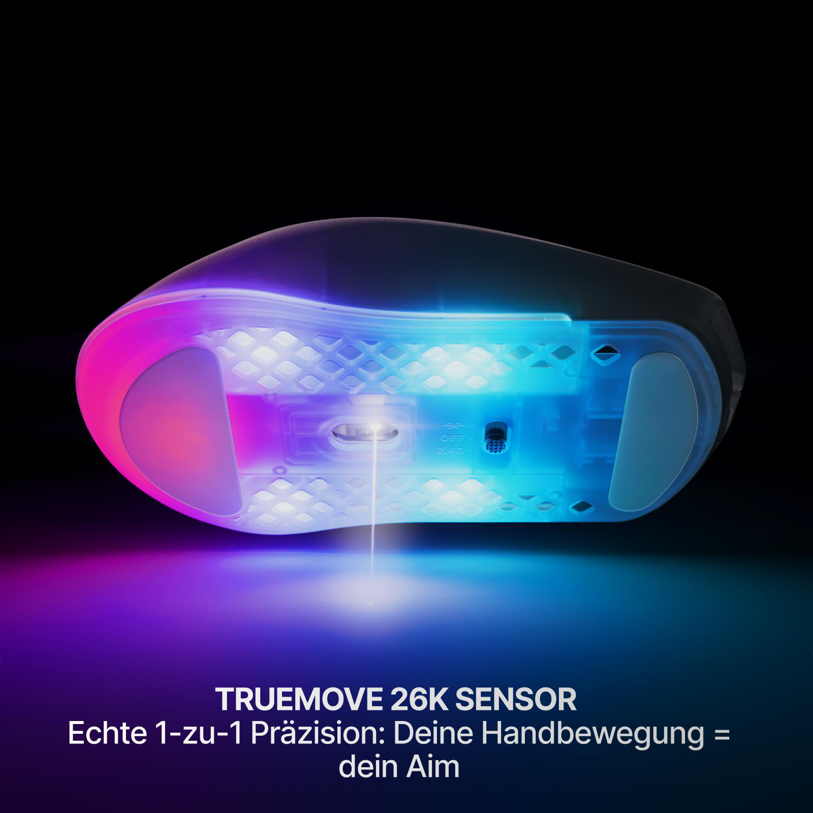 Eine Maus mit RGB-Beleuchtung, die von unten gezeigt wird.