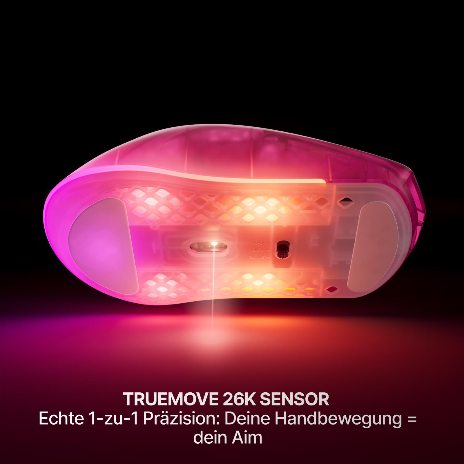 Ein pinker Gaming-Maus-Sensor beleuchtet mit rotem Licht.