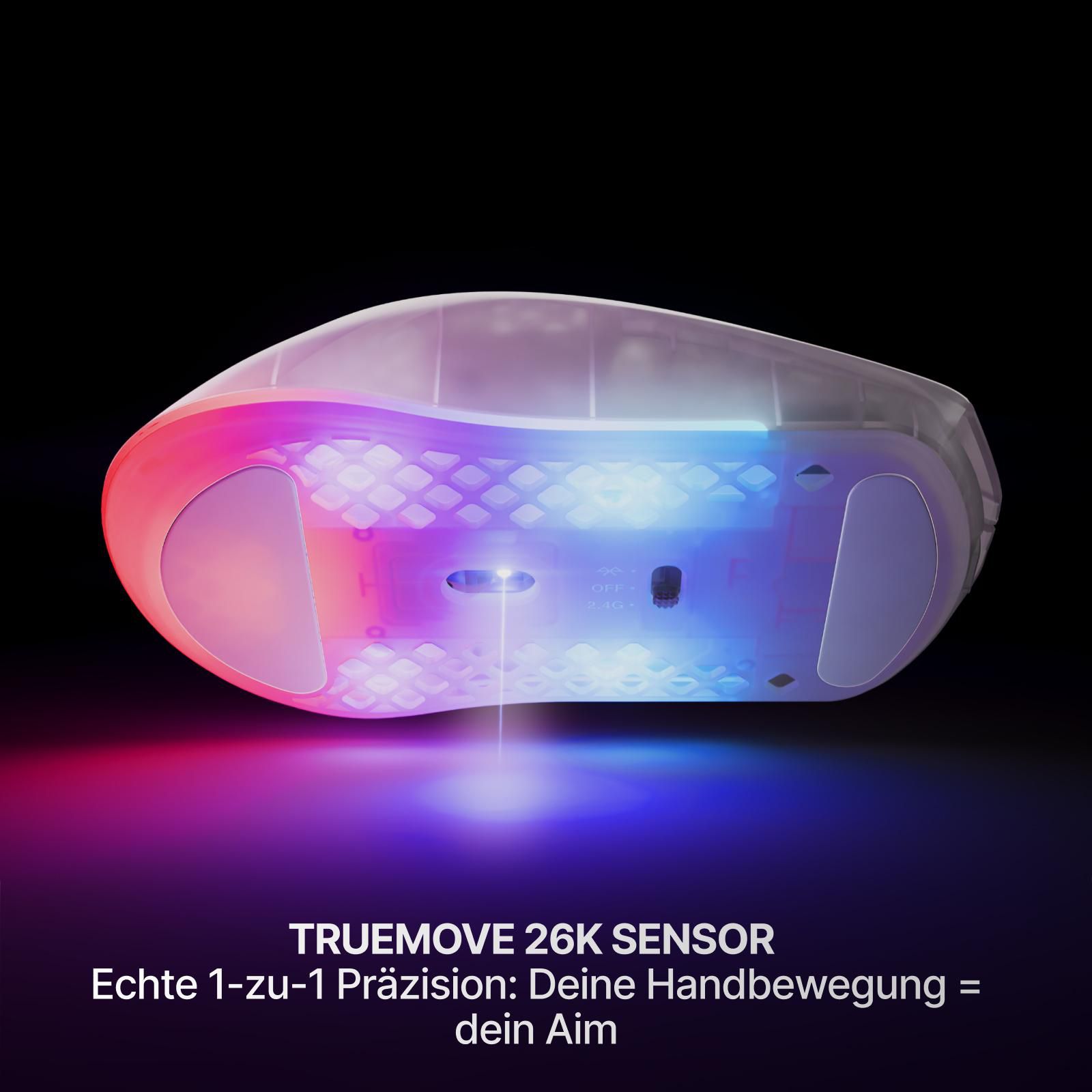 Ein weißer Gaming-Maus-Boden mit RGB-Beleuchtung. Mit Text.