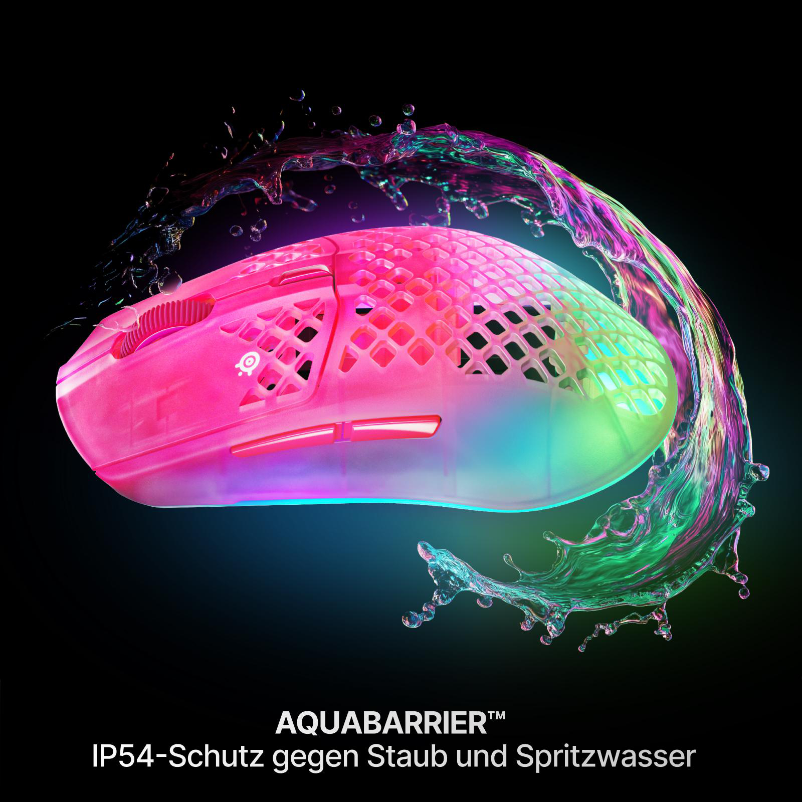 Pink Gaming-Maus mit bunten Lichtern und einem Wasserspritzer.