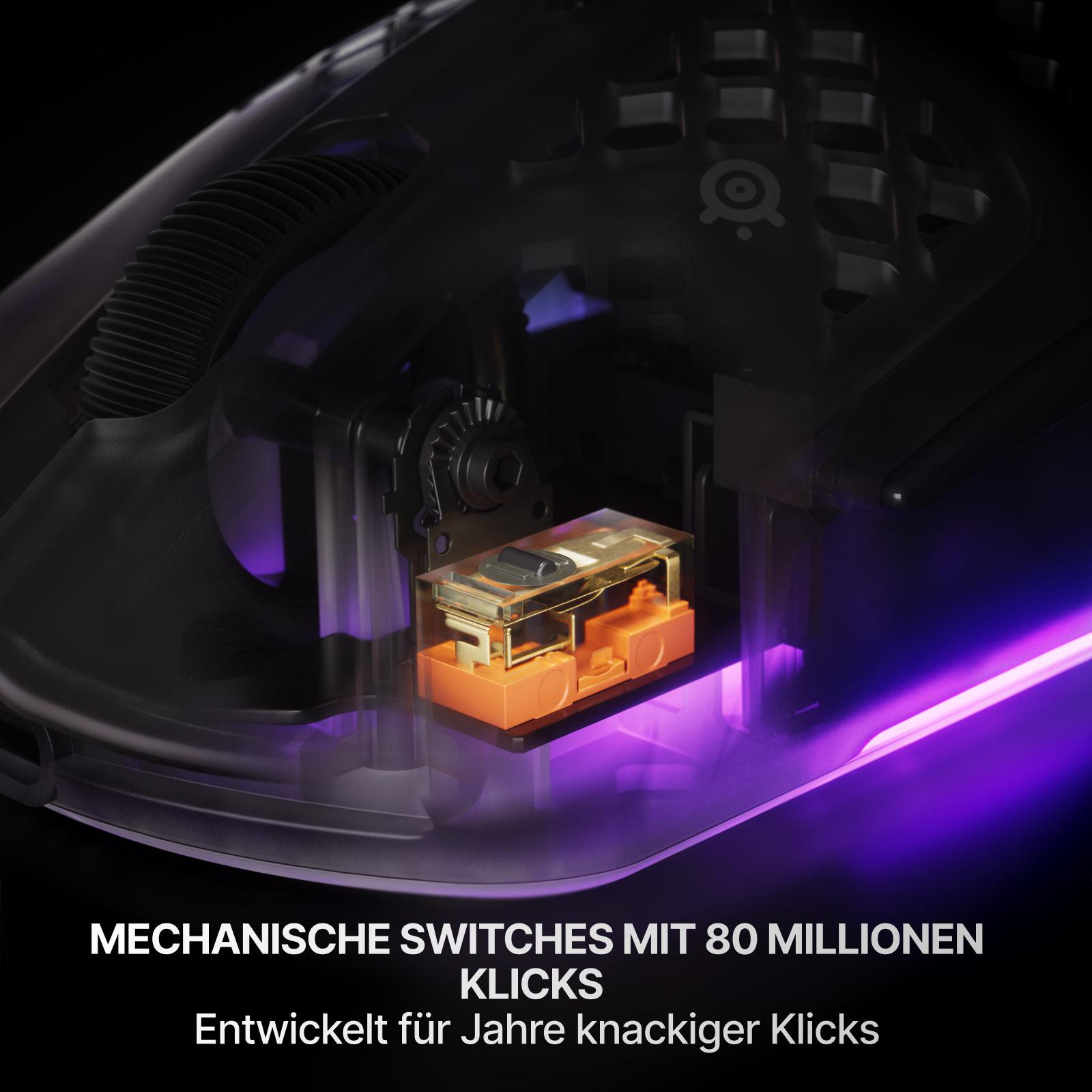 Mechanische Schalter mit 80 Mio. Klicks in einem Gaming-Maus-Detail.