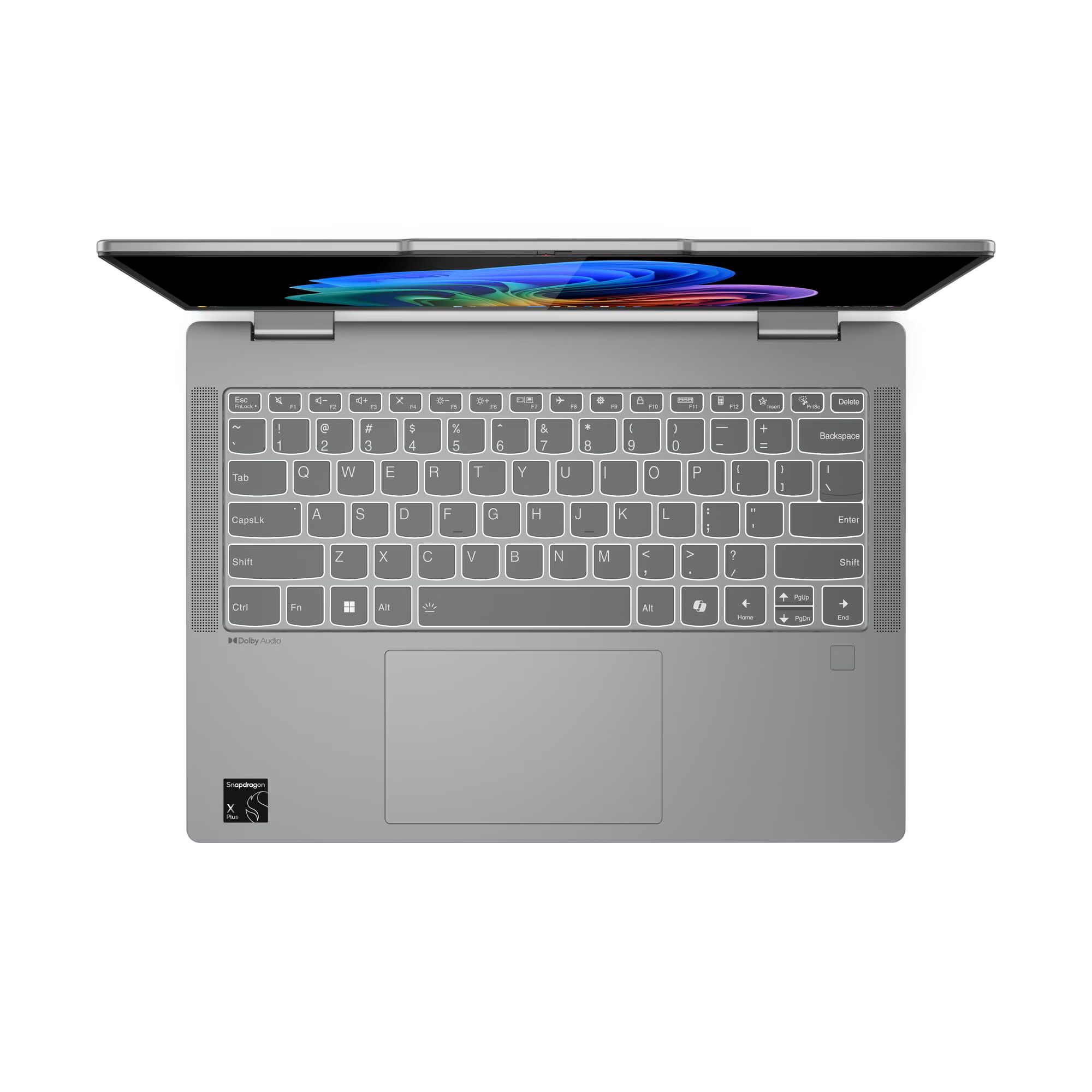 Ein silberner Laptop mit geöffnetem Bildschirm, der eine bunte Grafik zeigt.