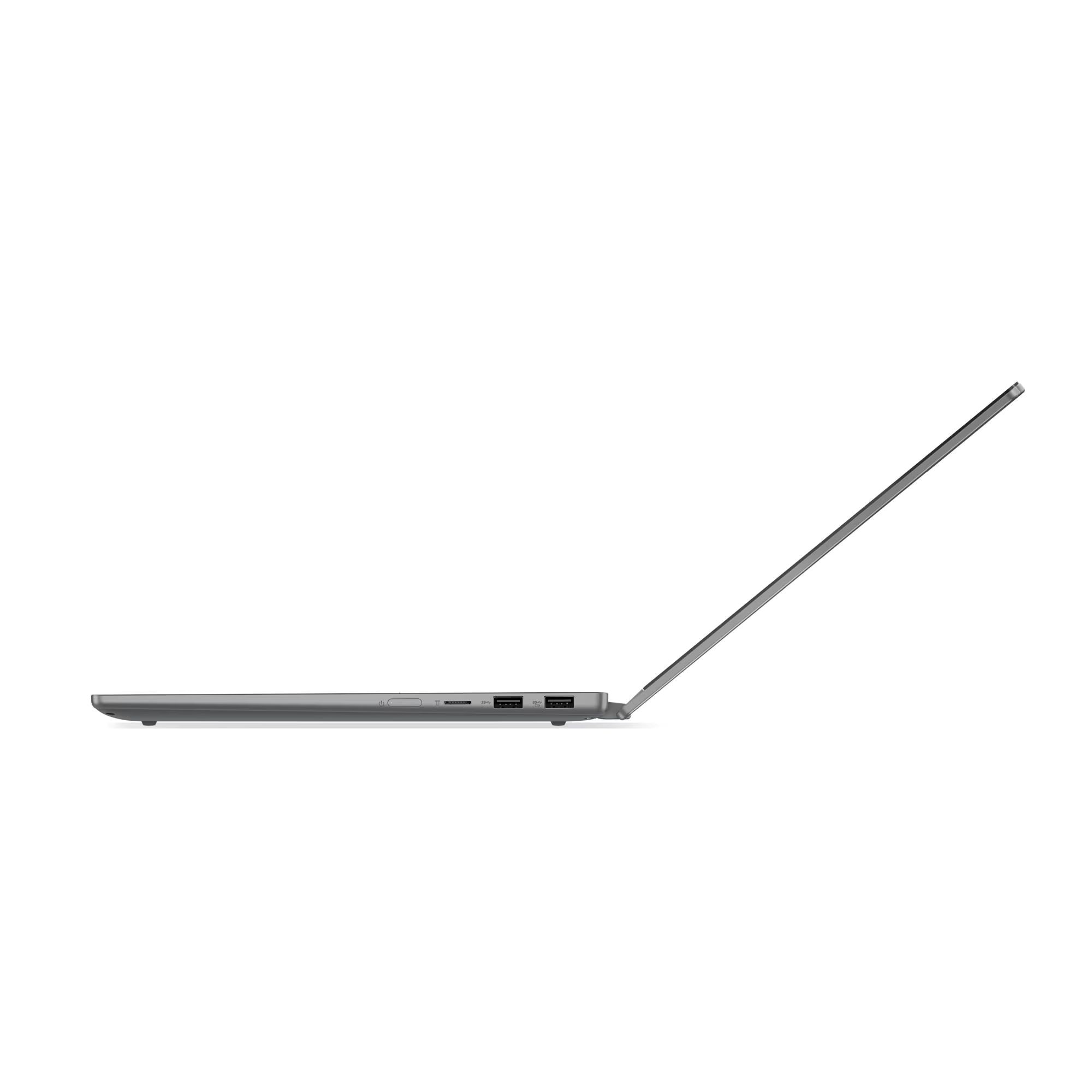 Grauer Laptop im Seitenprofil, Bildschirm geöffnet, mit USB-Anschlüssen an der Seite.
