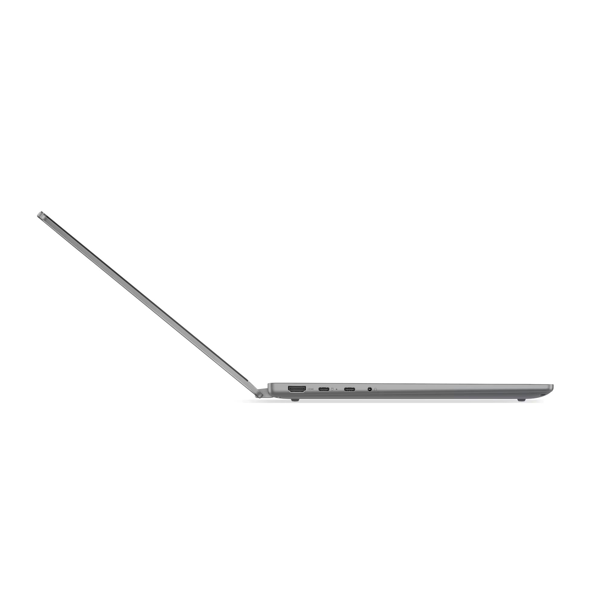 Graues Laptop, seitlich geöffnet, mit sichtbaren Anschlüssen.
