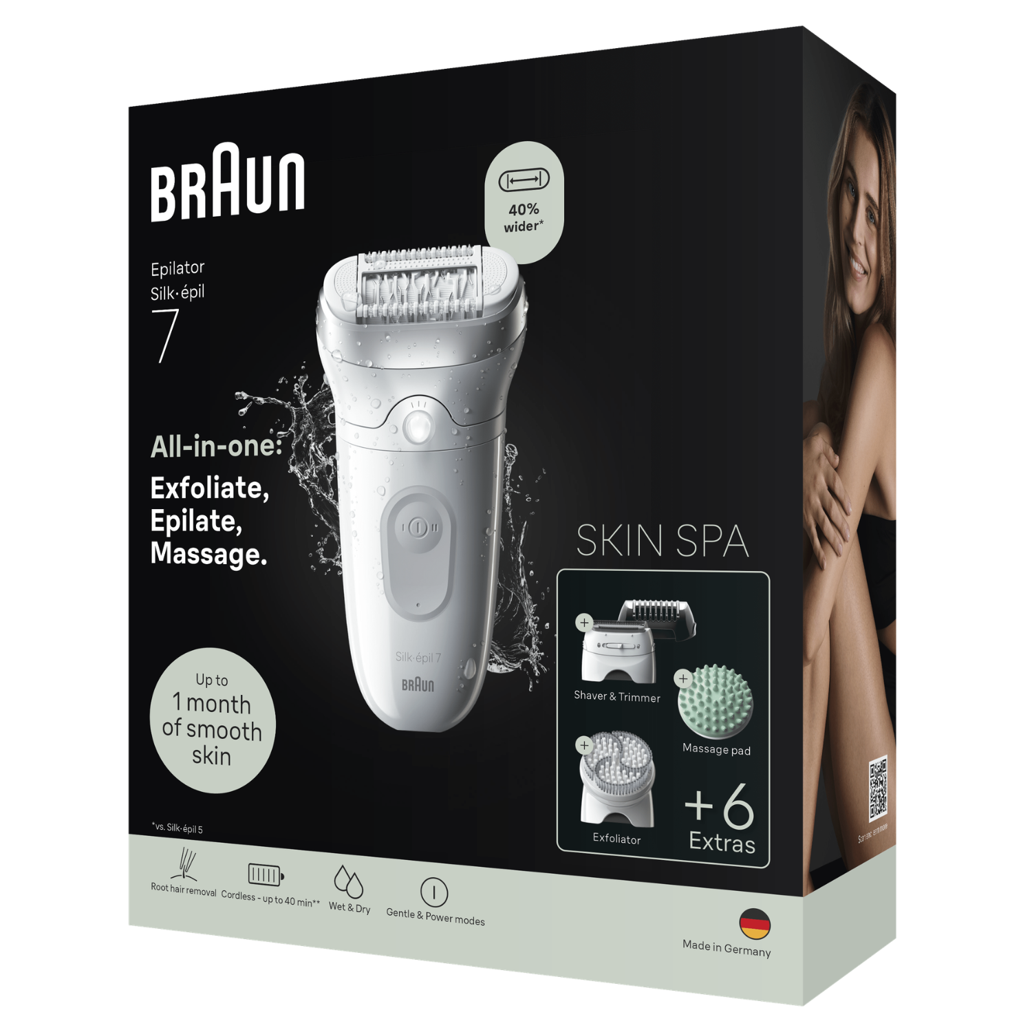 Depiladora Braun Silk-épil 7 con accesorios para el cuidado de la piel.