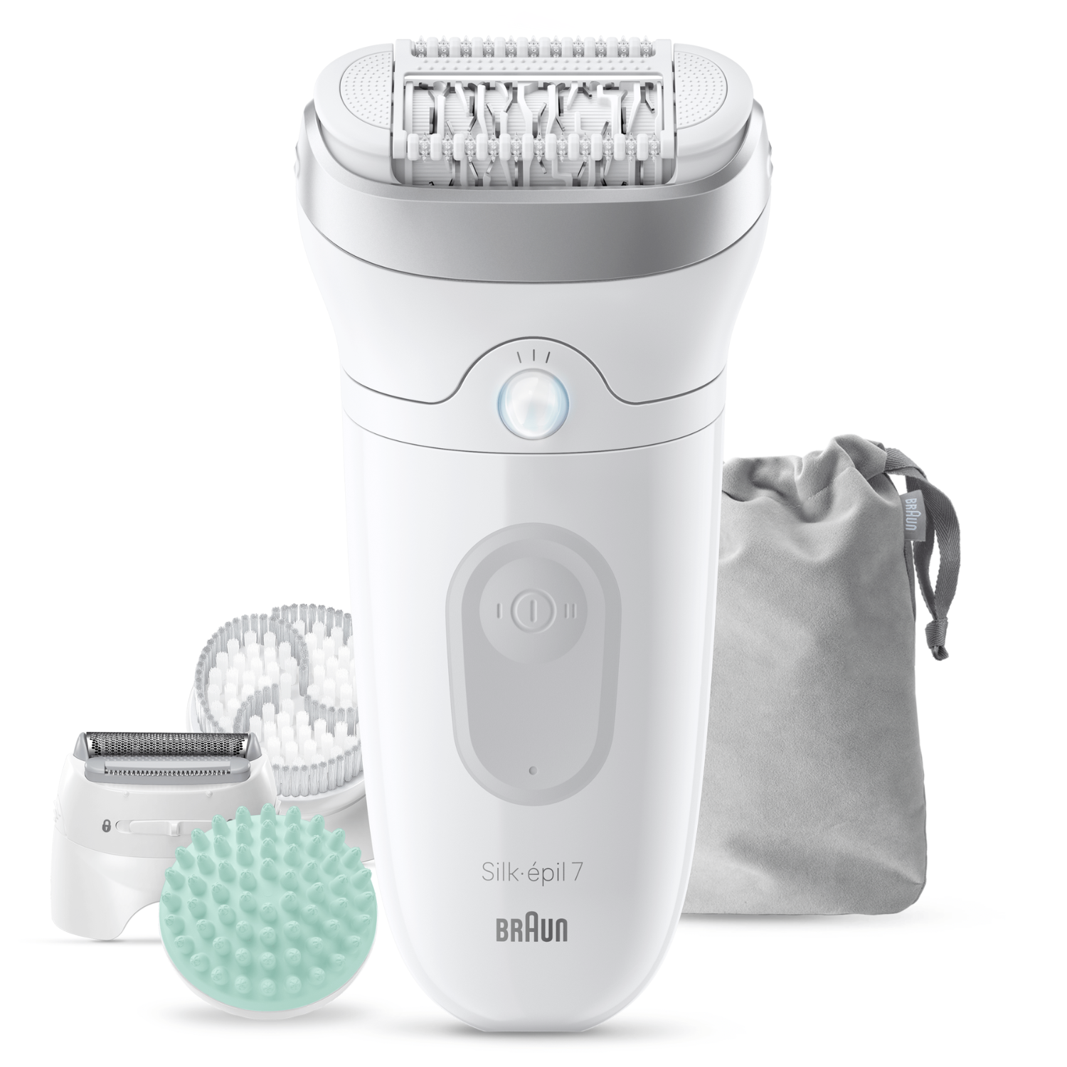 Una depiladora Braun blanca con cabezal de afeitado, cepillo exfoliante y bolsa.