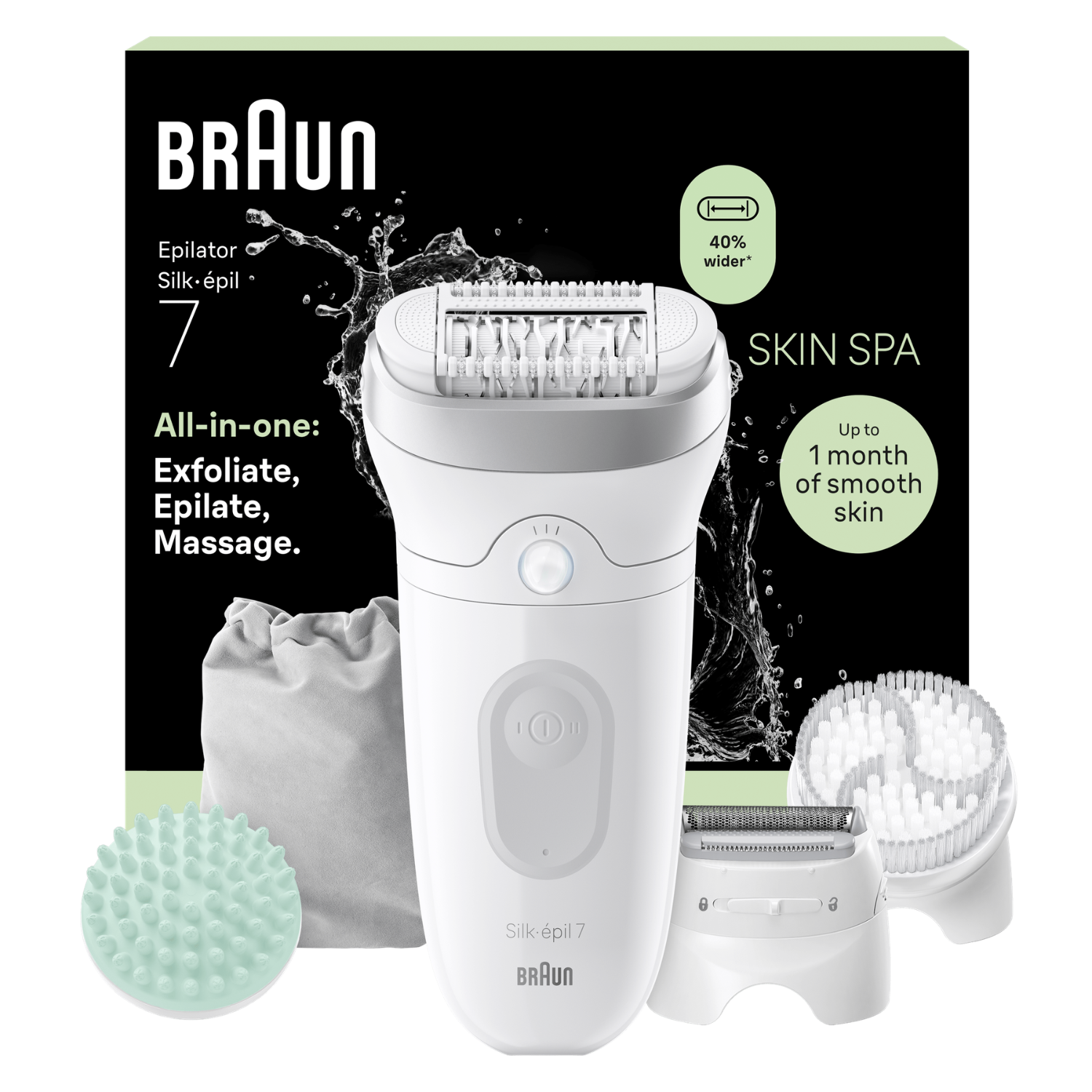 Una depiladora Braun Silk-epil 7 blanca con accesorios y complementos.