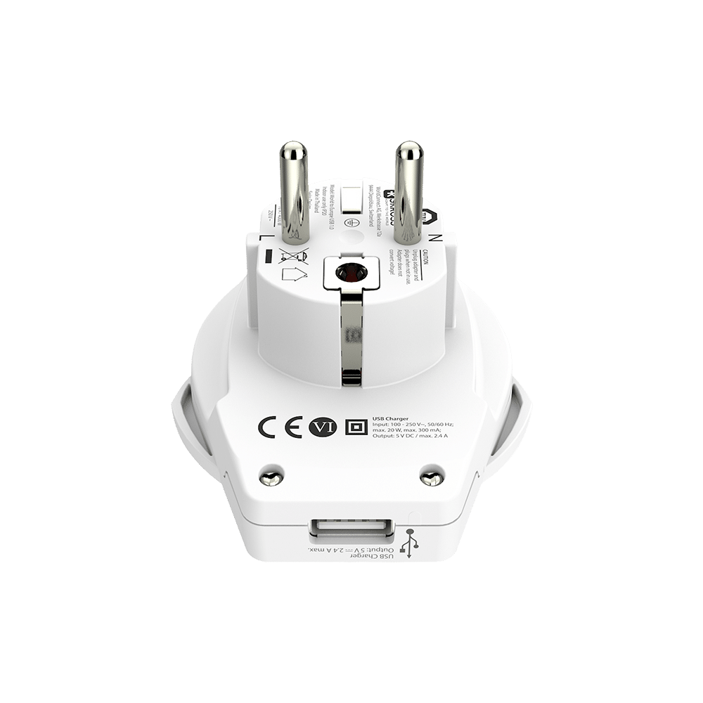 Weißer Reiseadapter mit USB-Anschluss und zwei silbernen Stiften.