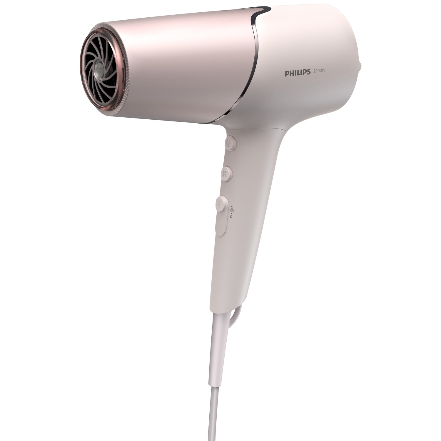 Een wit en roségouden Philips 2300W haardroger met knoppen en snoer.