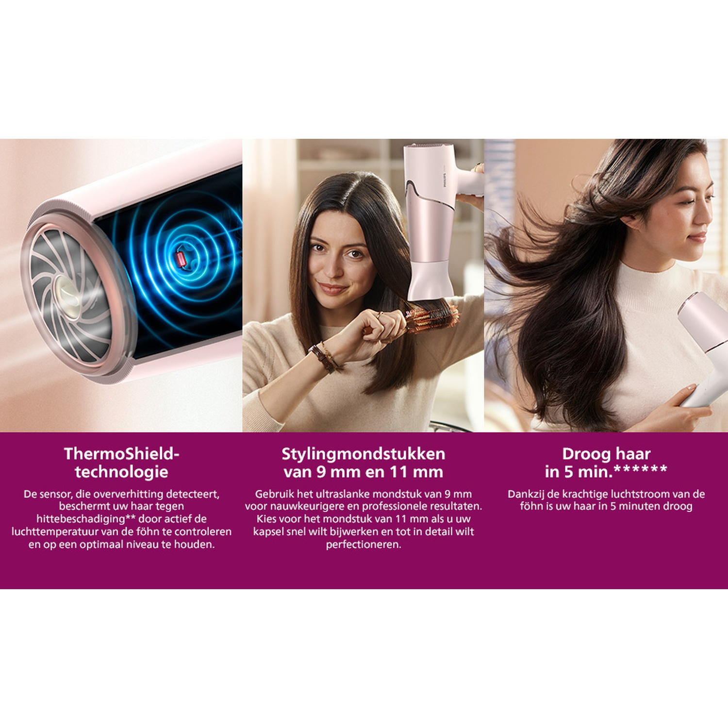 Een föhn in drie panelen: technologie, styling en snel drogen.