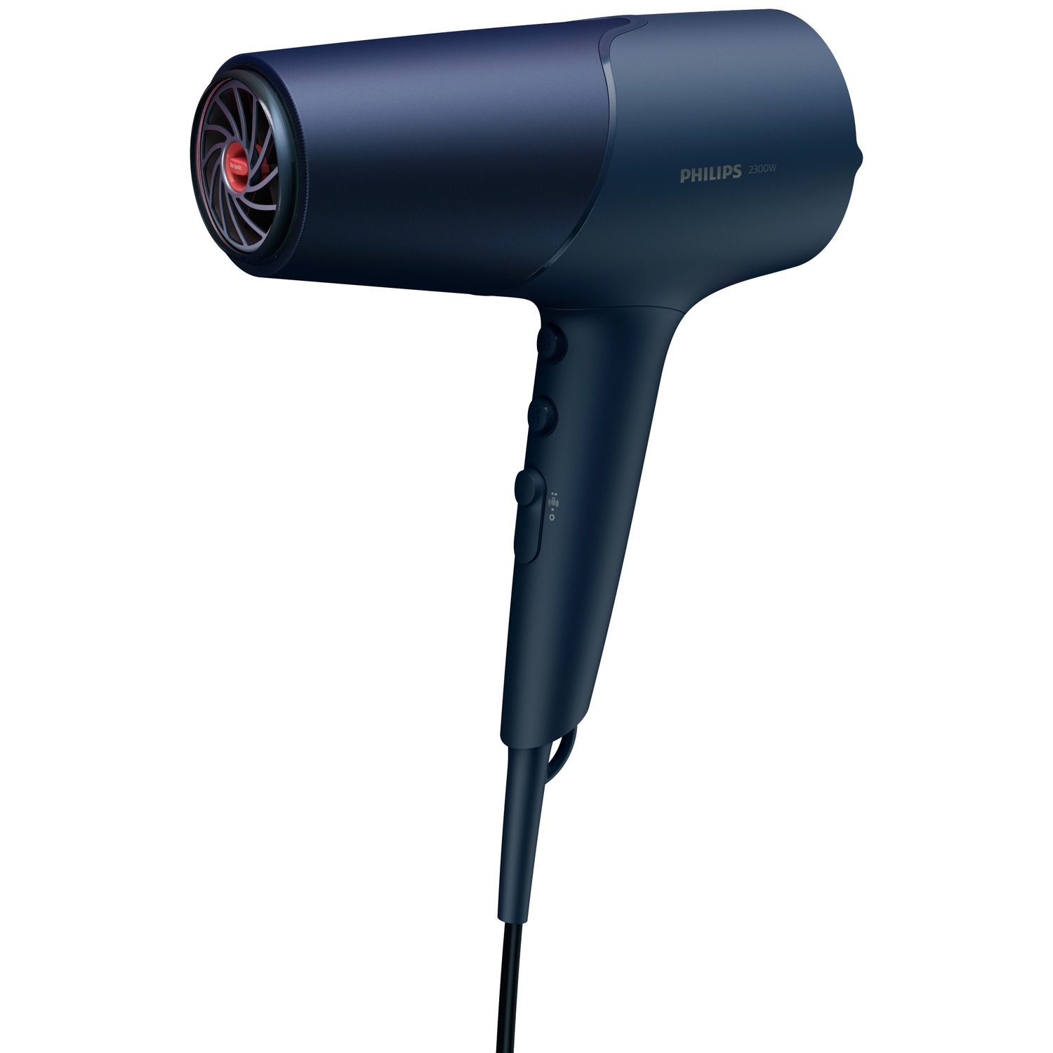 A dark blue Philips hairdryer with a black cord and silver accents is shown.