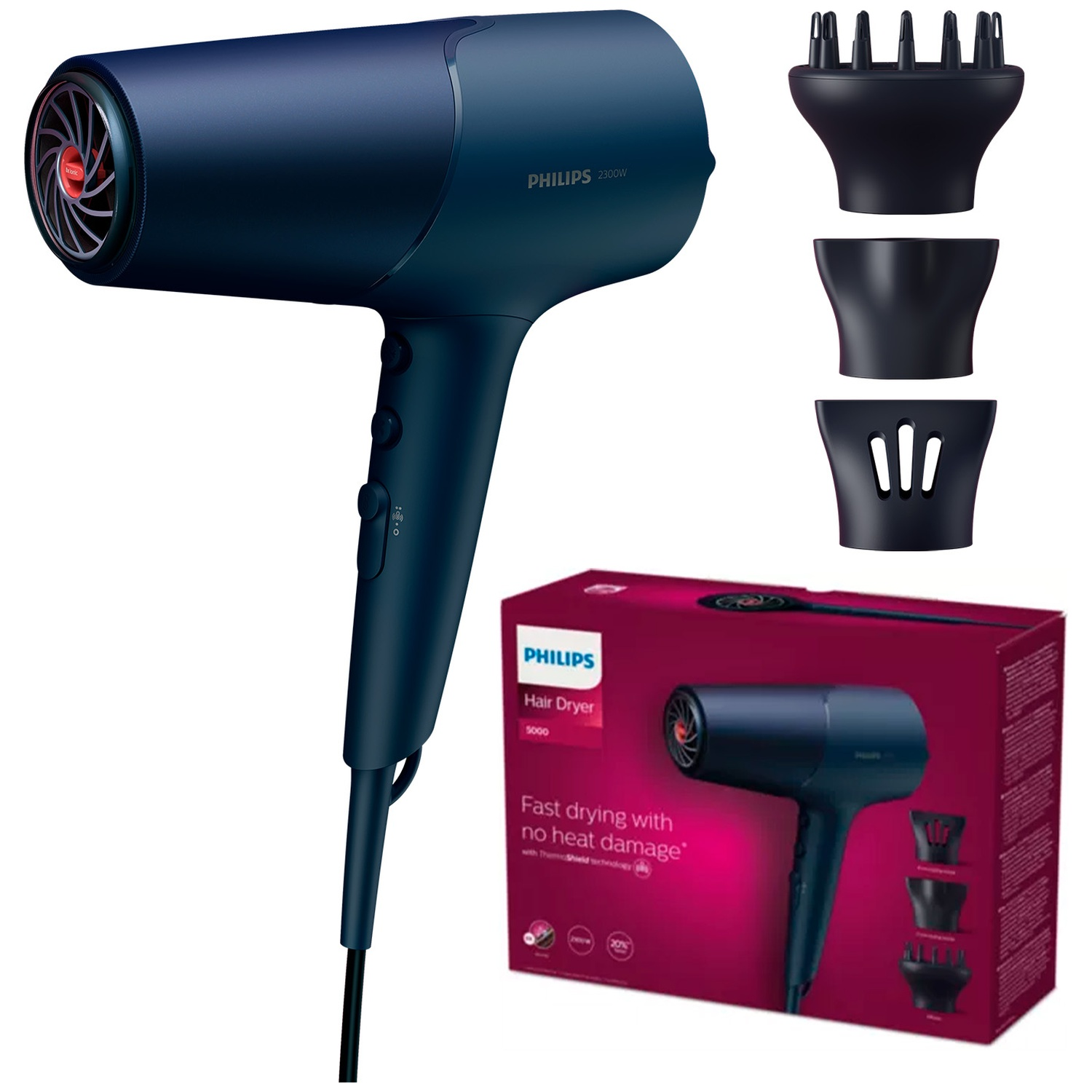 Dark blue Philips hair dryer with three attachments and packaging.