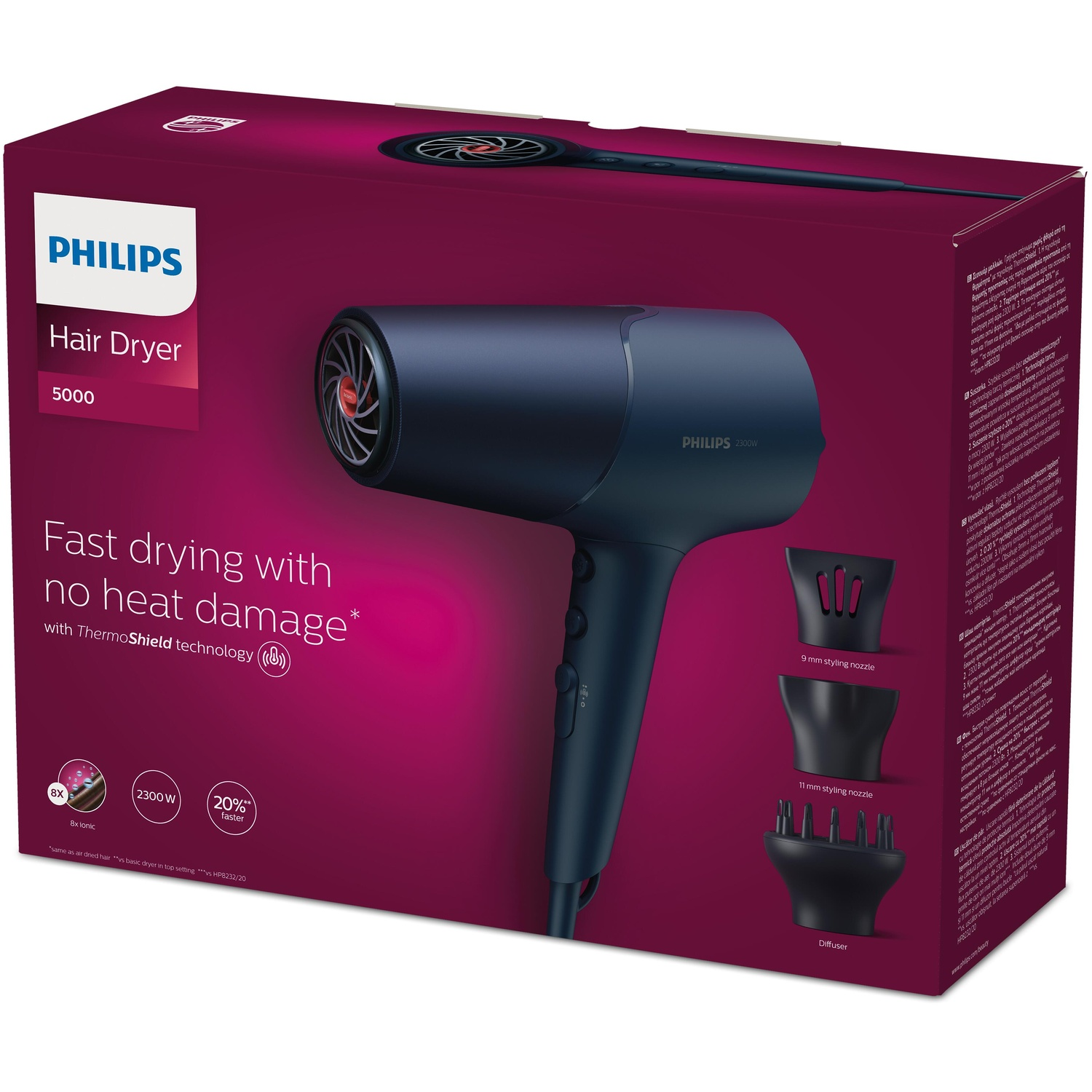 Philips Hair Dryer 5000 Series with ThermoShield technology. Includes attachments.