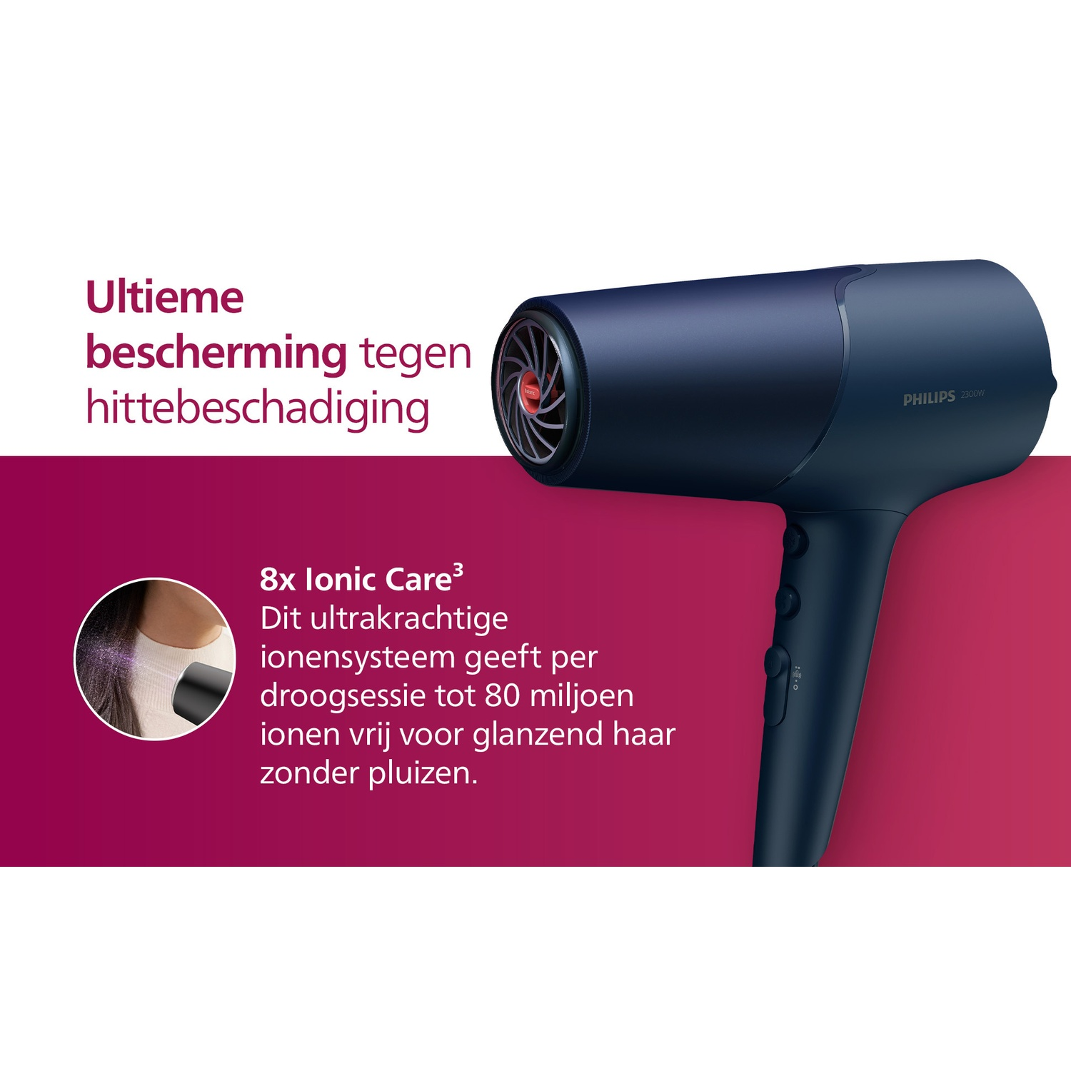 Dark blue Philips hairdryer with text about ionic technology.