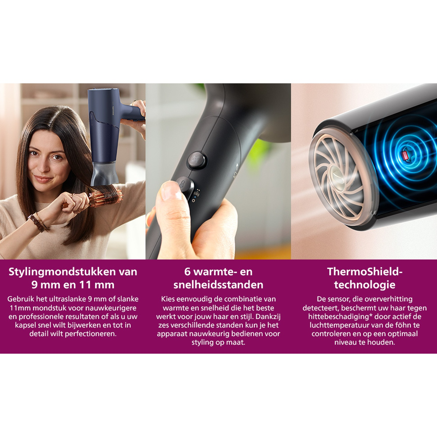Three images show a hairdryer: woman drying hair, controls, and ThermoShield technology.