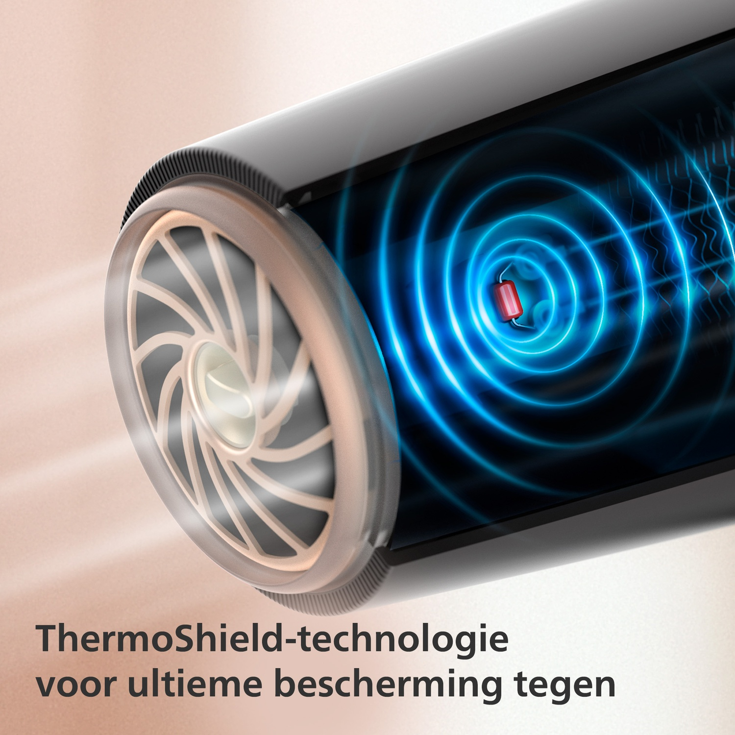 A fan with blue waves and a red component inside.