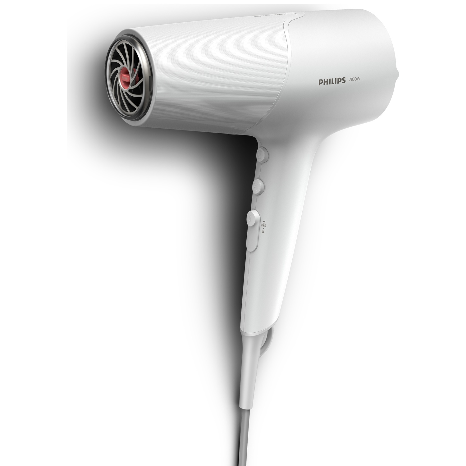 Een witte Philips haardroger met zilveren luchtinlaat en rode accenten.