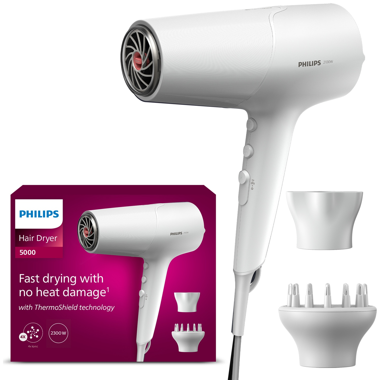 Een witte Philips haardroger met accessoires tegen paarse achtergrond.