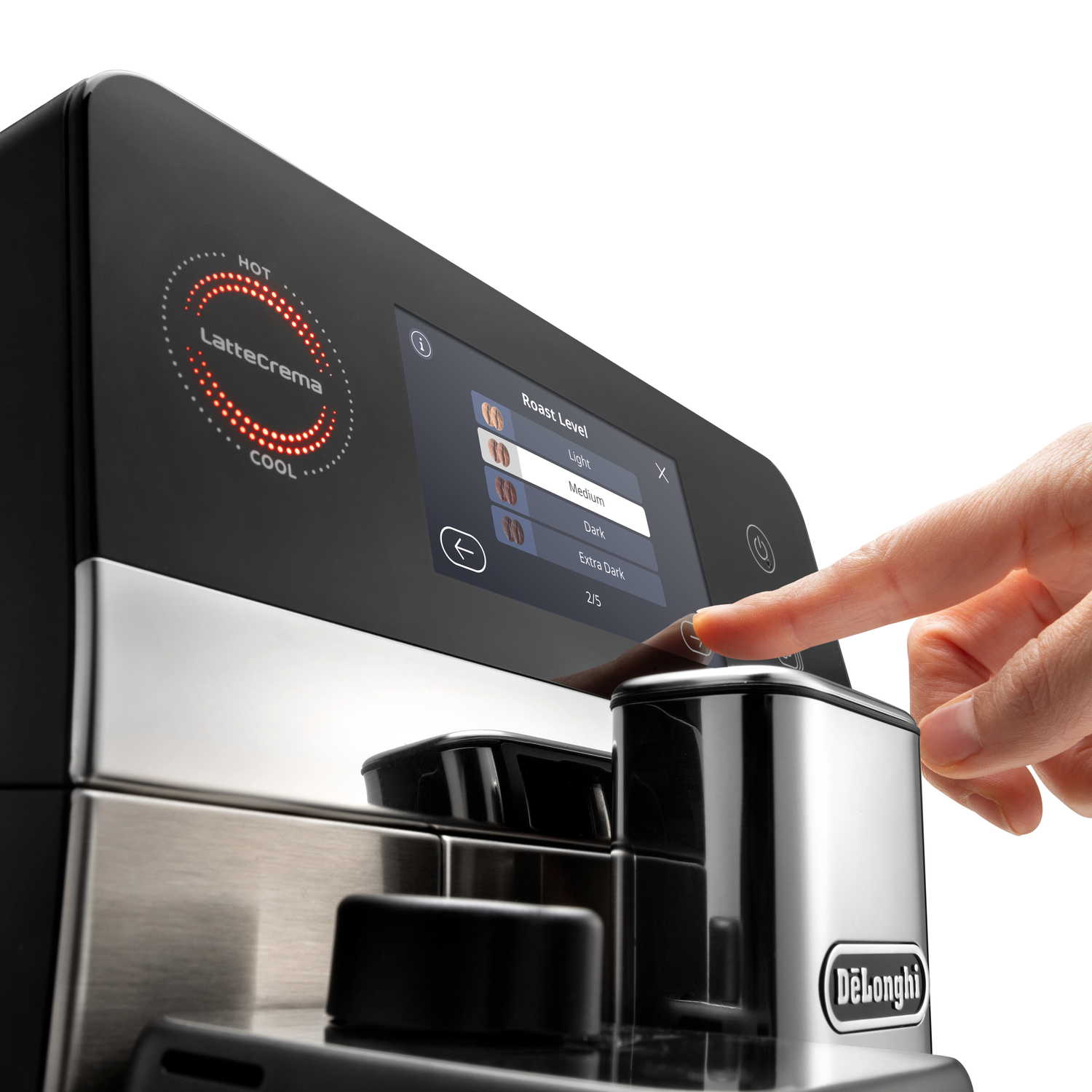 Een hand selecteert "Medium" roostniveau op het scherm van een zwarte koffiemachine.